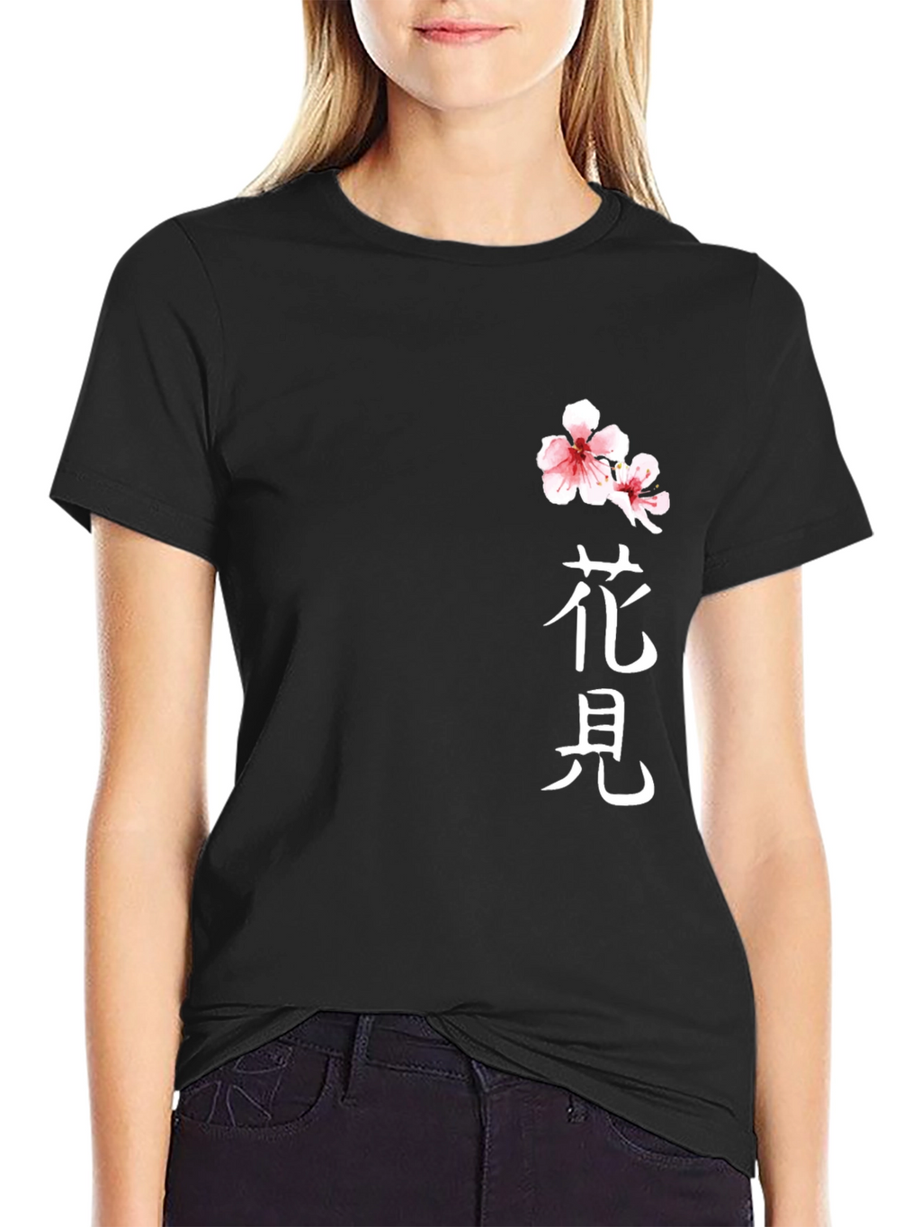 Black T-Shirt with Floral Japanese Kanji Design