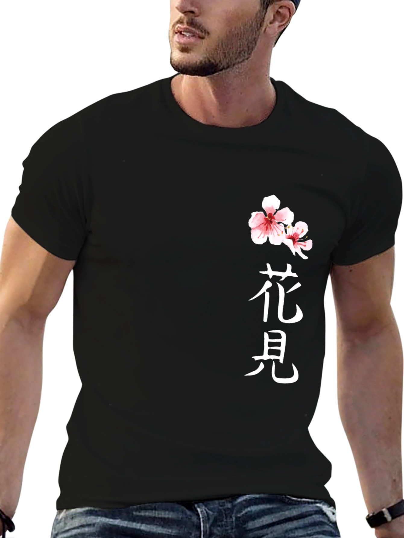 Black T-Shirt with Floral Japanese Kanji Design