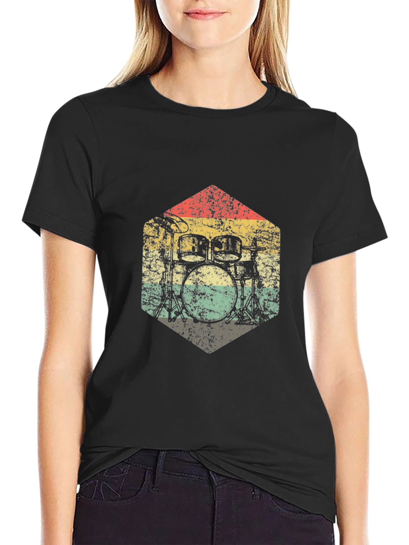 Vintage Drum Kit Graphic Tee - Retro Style Black T-Shirt