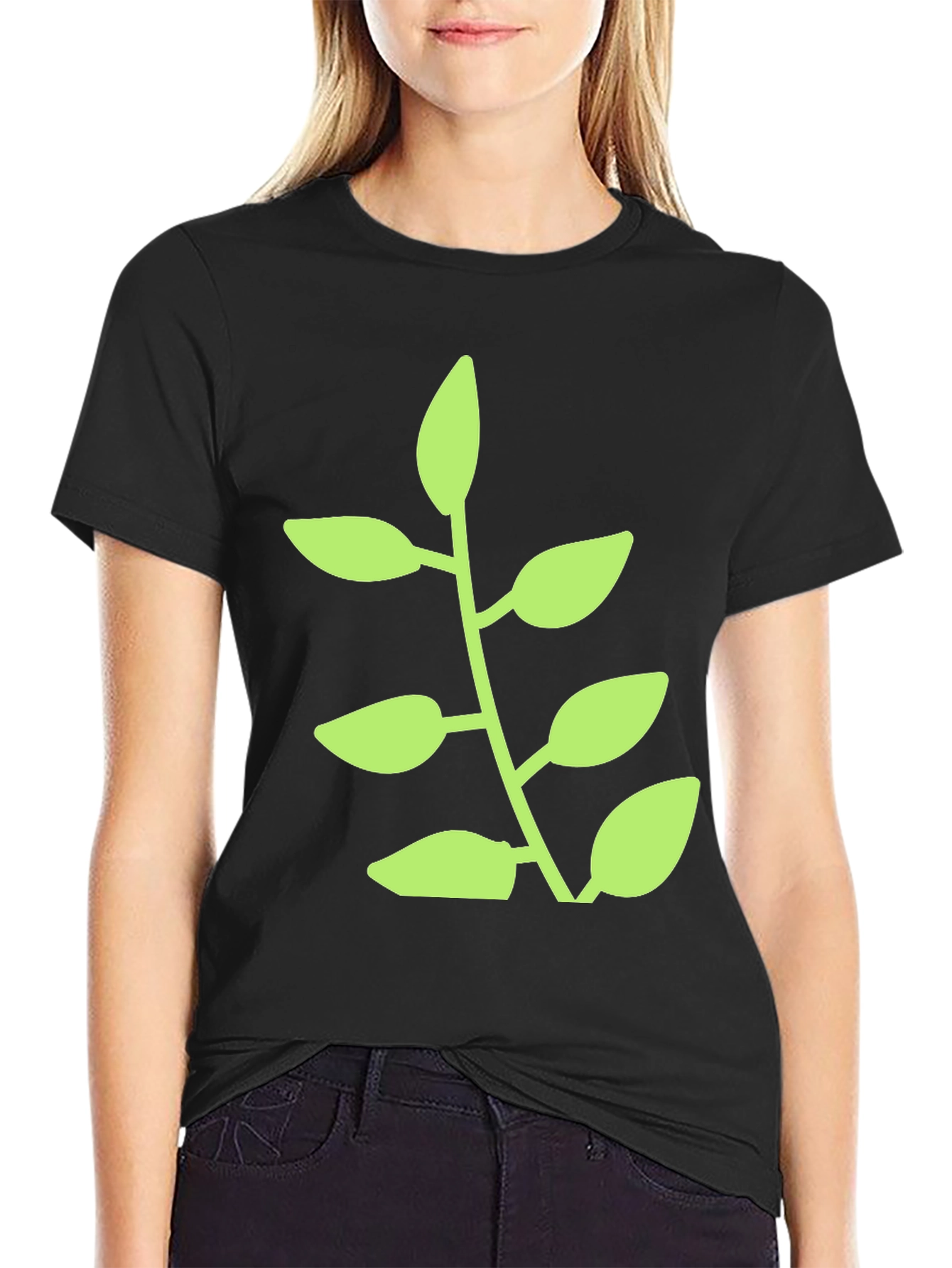 Green Plant Graphic Black T-Shirt