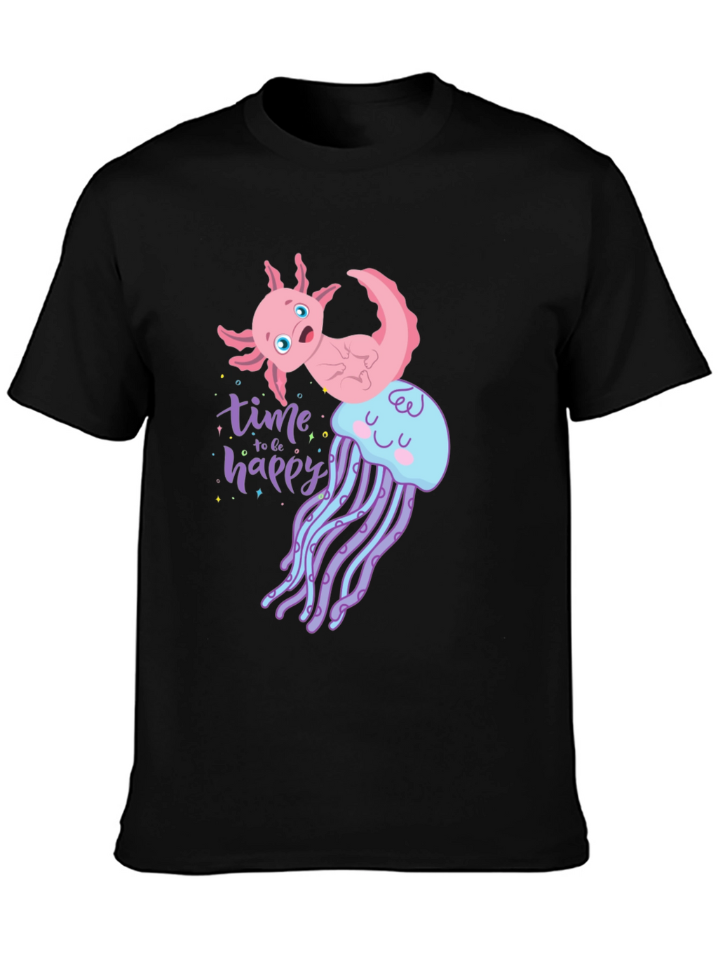Axolotl Jellyfish Time to be Happy Black Tee