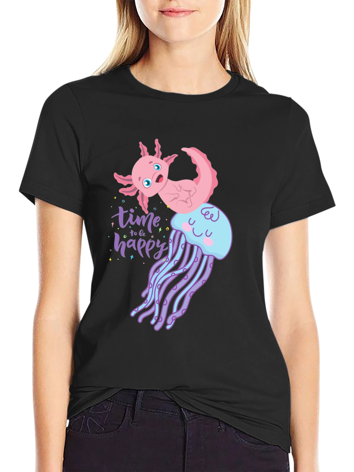 Axolotl Jellyfish Time to be Happy Black Tee
