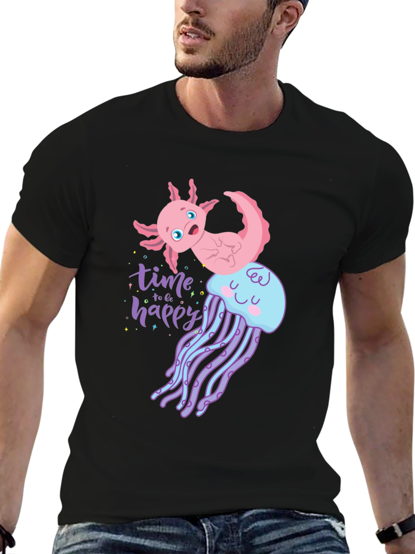 Axolotl Jellyfish Time to be Happy Black Tee