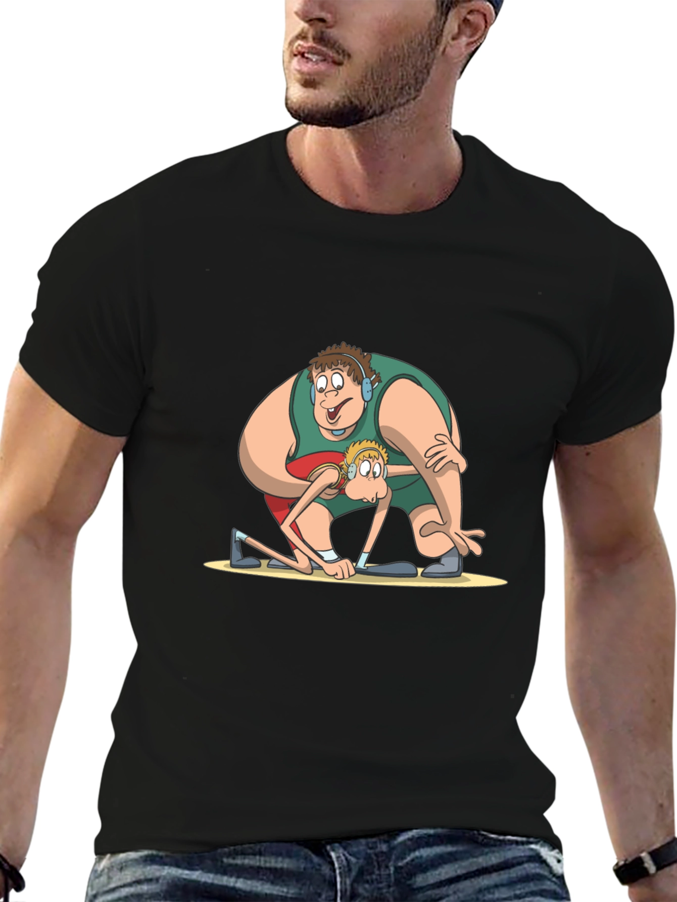 Funny Cartoon Wrestlers Black T-Shirt