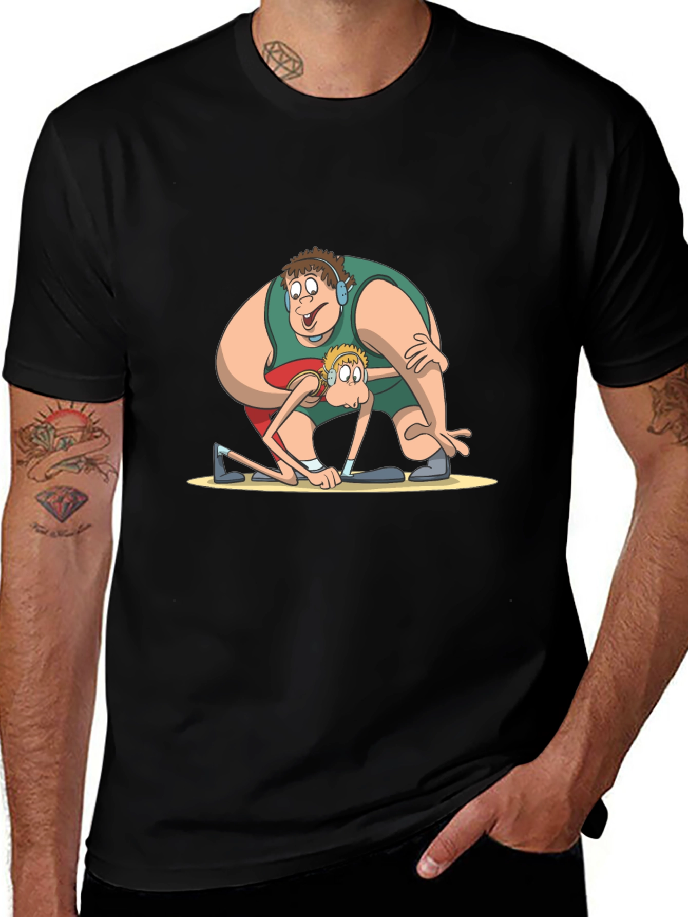 Funny Cartoon Wrestlers Black T-Shirt