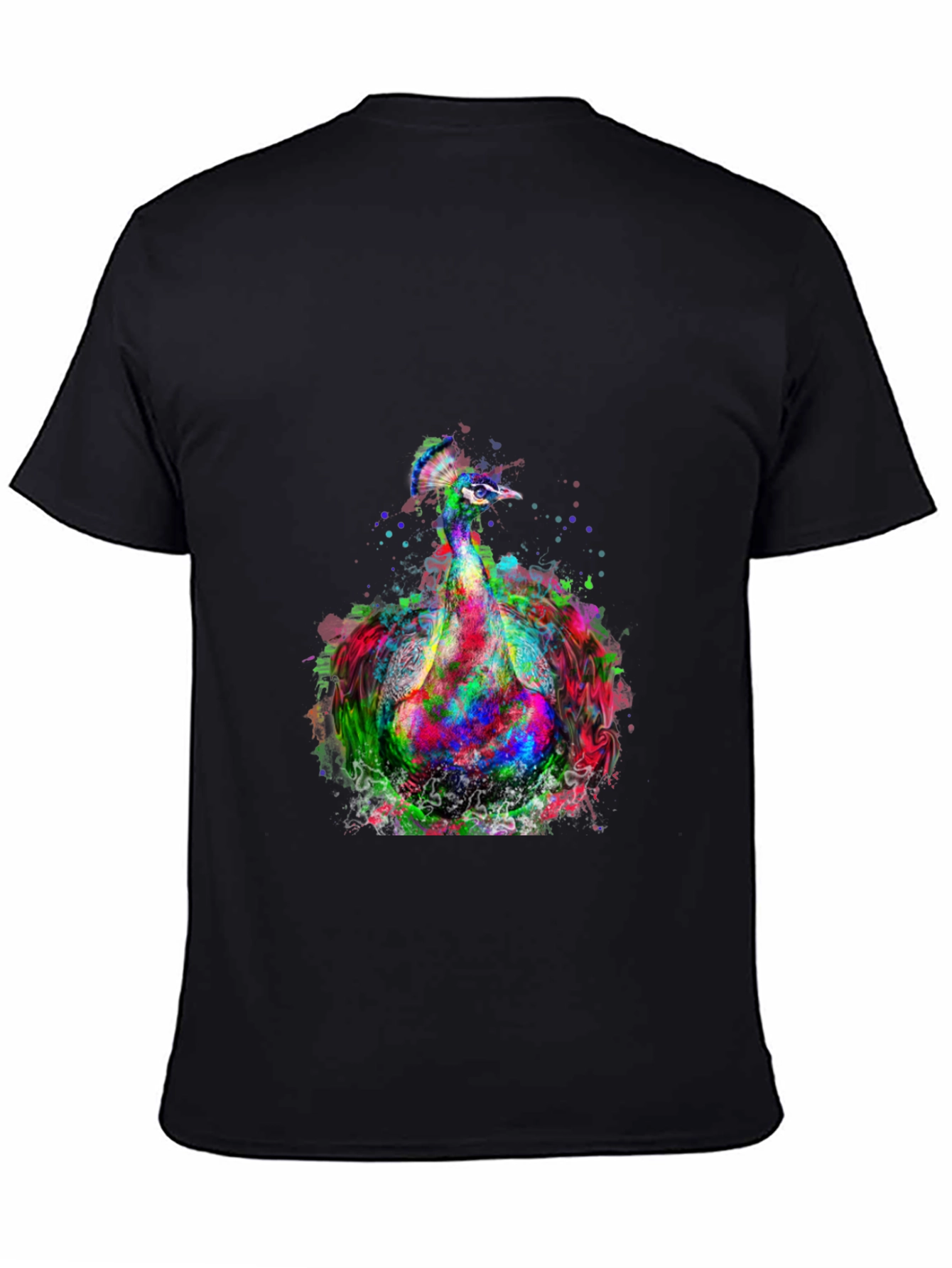 Colorful Peacock Graphic Print Black T-Shirt