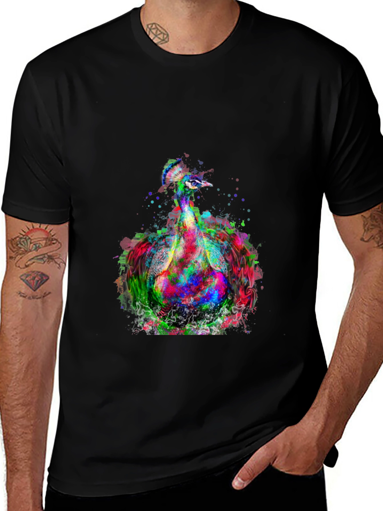 Colorful Peacock Graphic Print Black T-Shirt