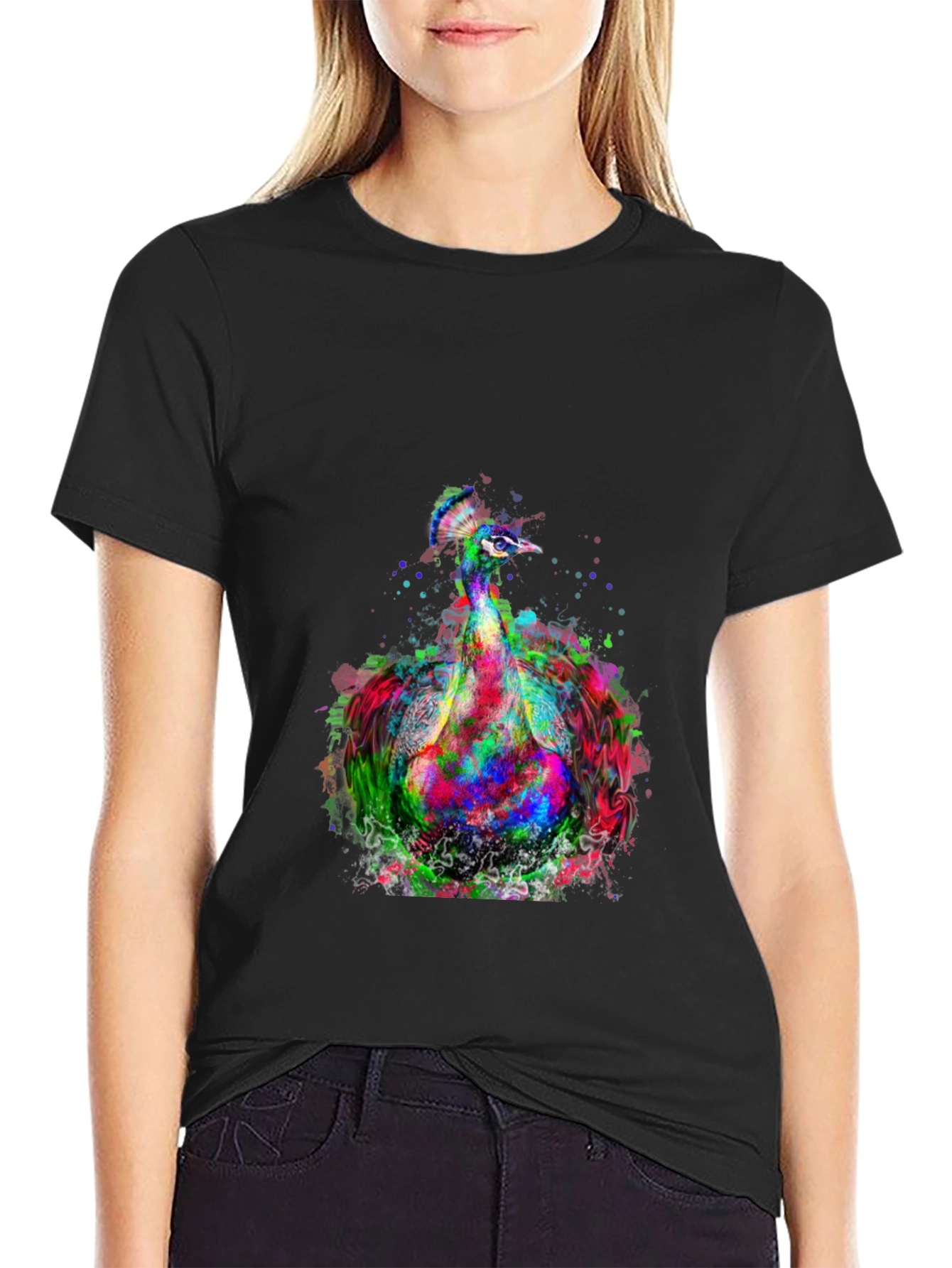 Colorful Peacock Graphic Print Black T-Shirt