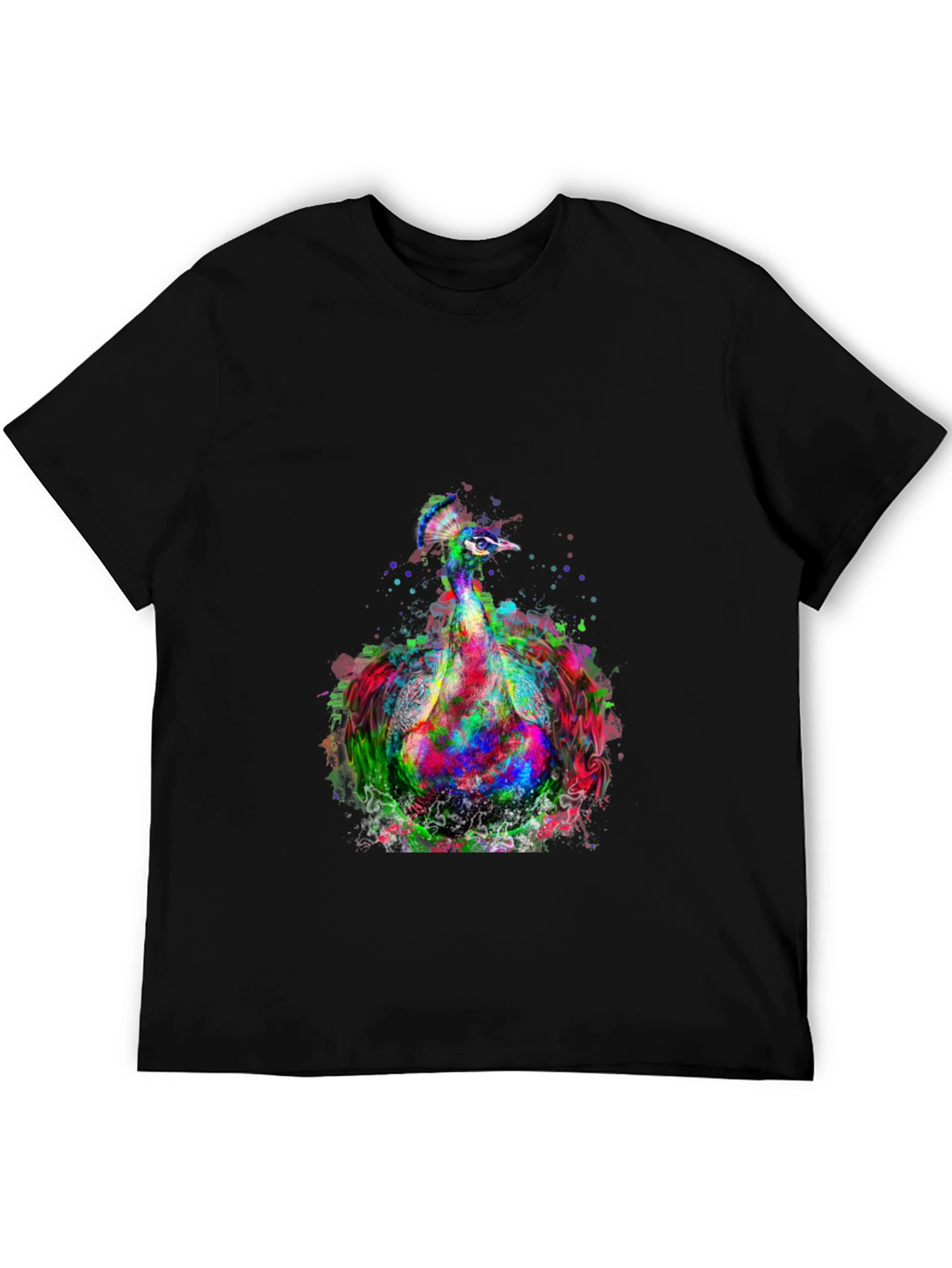 Colorful Peacock Graphic Print Black T-Shirt