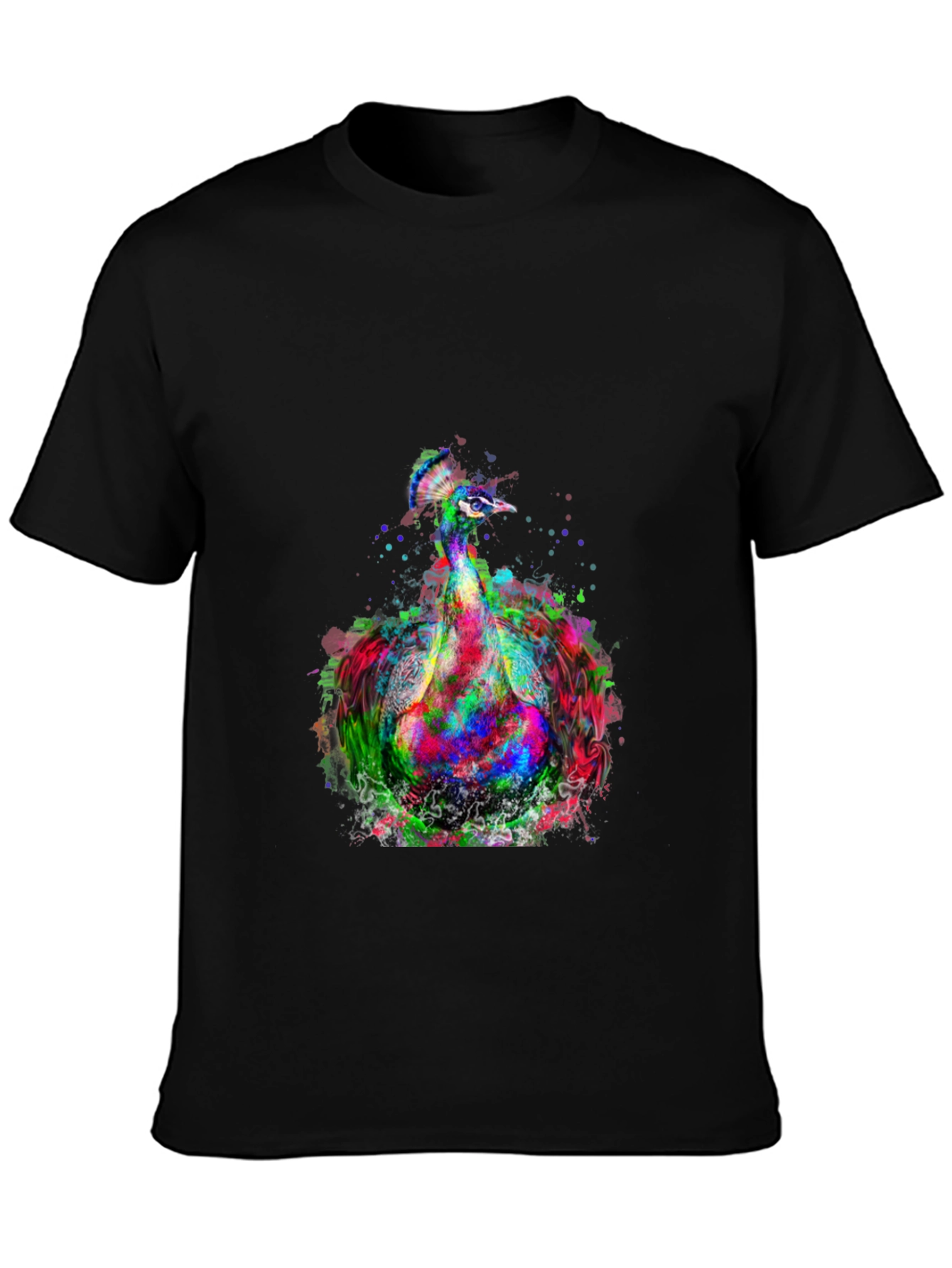 Colorful Peacock Graphic Print Black T-Shirt