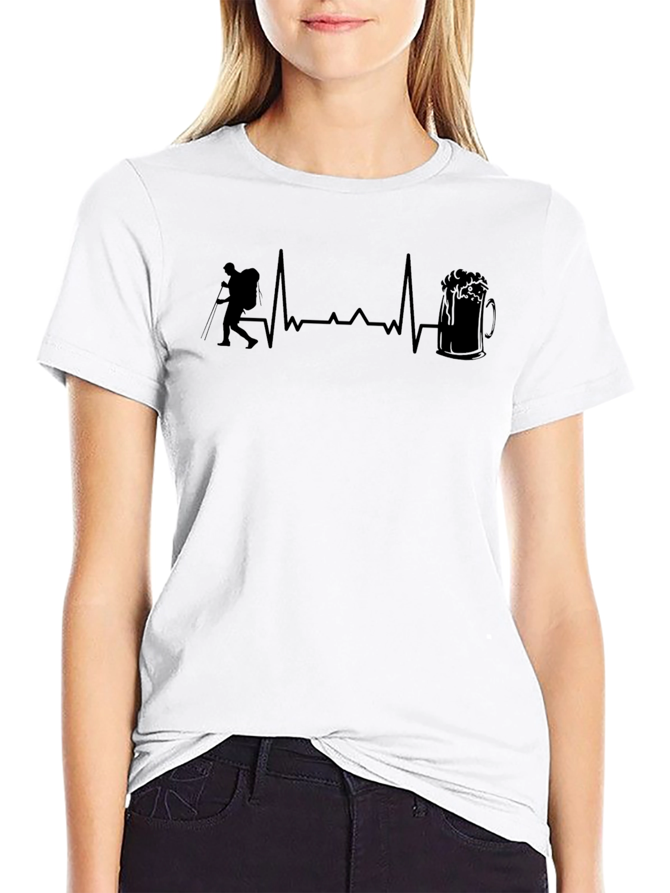 Hiking Heartbeat Beer Lover Black T-Shirt
