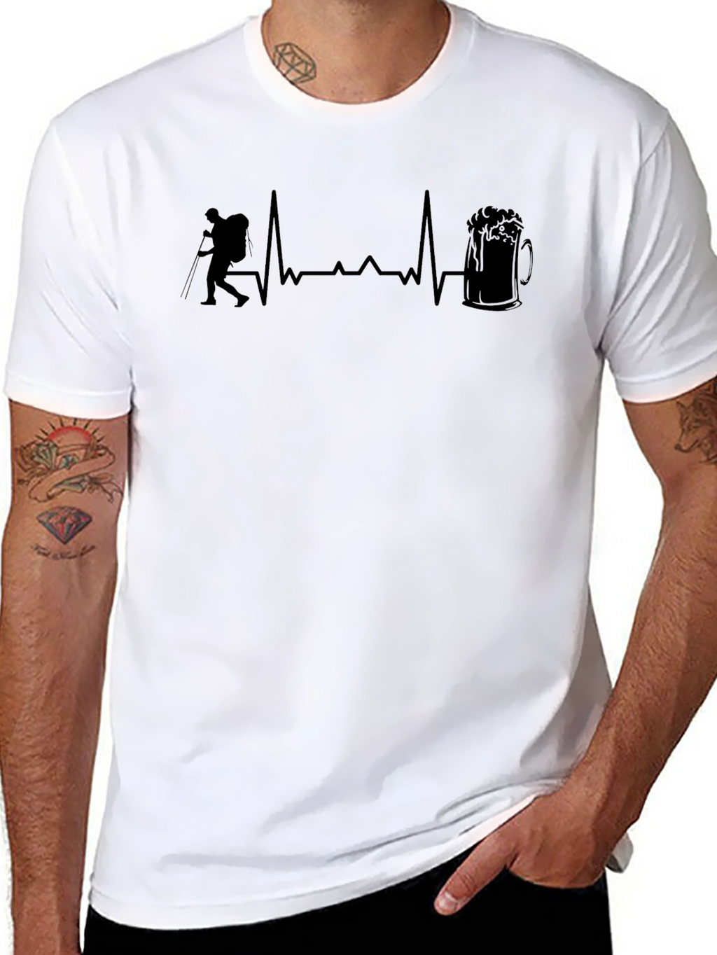 Hiking Heartbeat Beer Lover Black T-Shirt