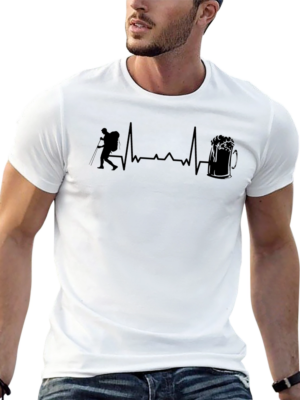 Hiking Heartbeat Beer Lover Black T-Shirt