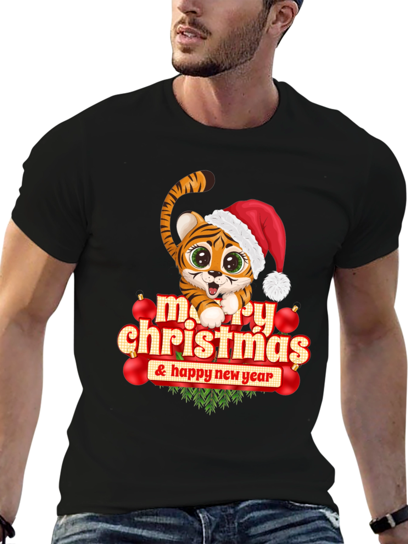 Festive Tiger Graphic Tee - Merry Christmas & Happy New Year