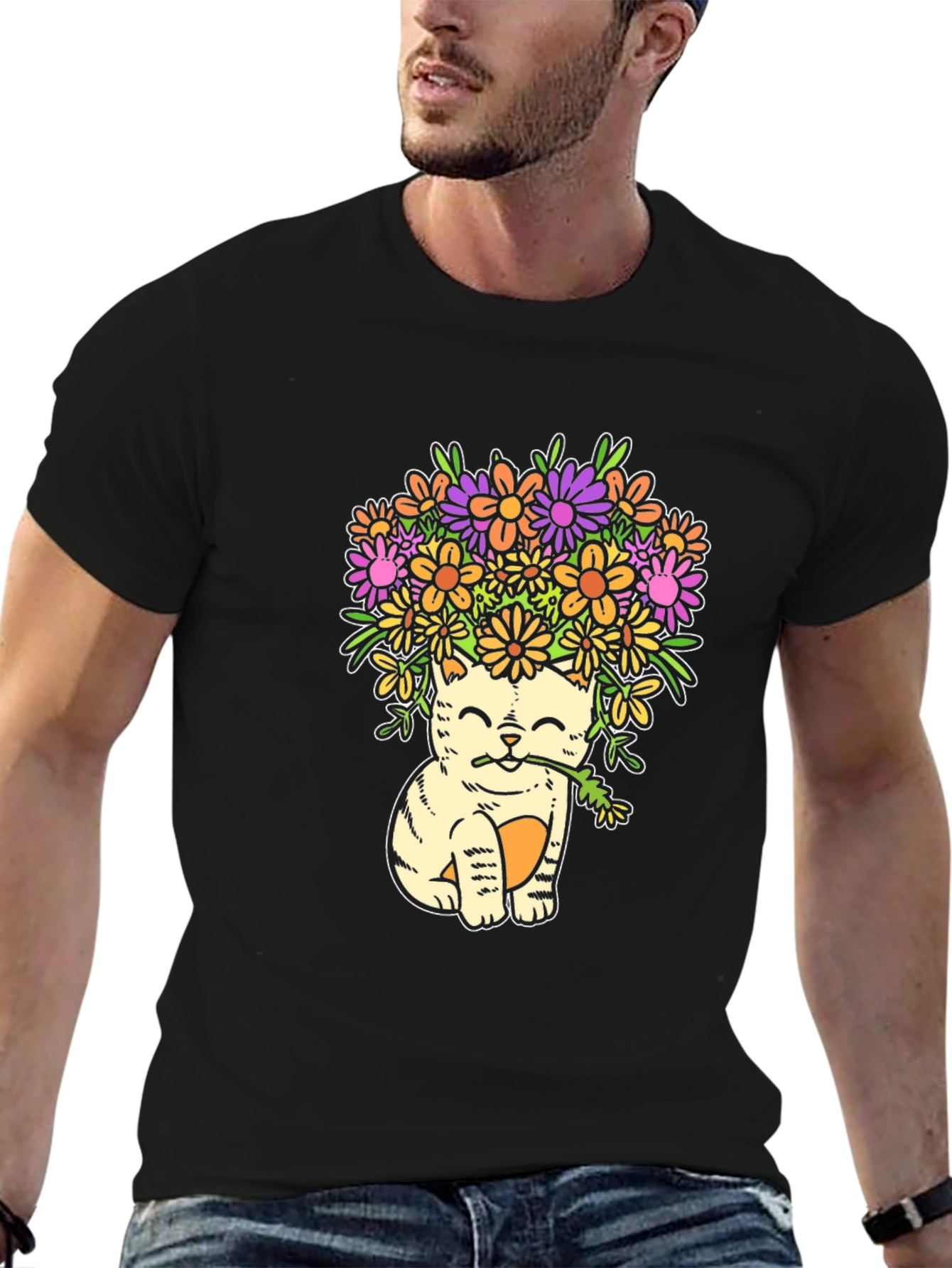 Cat with Flowers Graphic T-Shirt