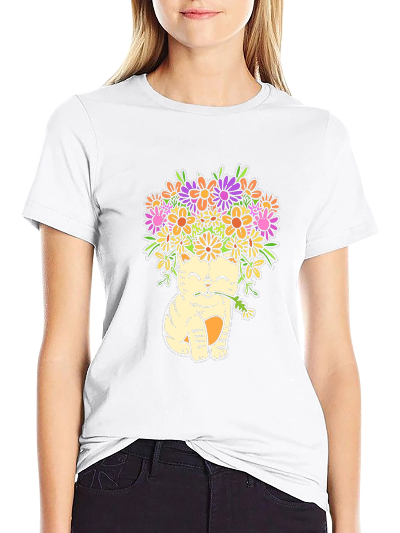 Cat with Flowers Graphic T-Shirt