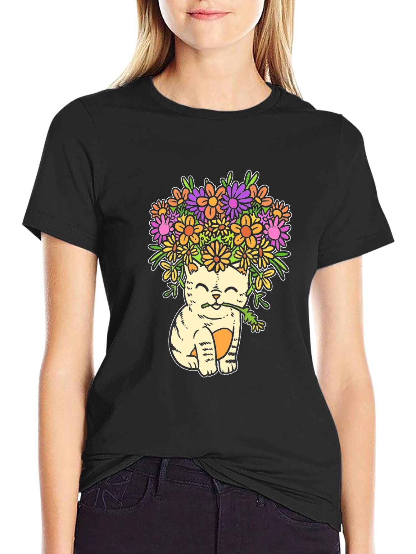 Cat with Flowers Graphic T-Shirt