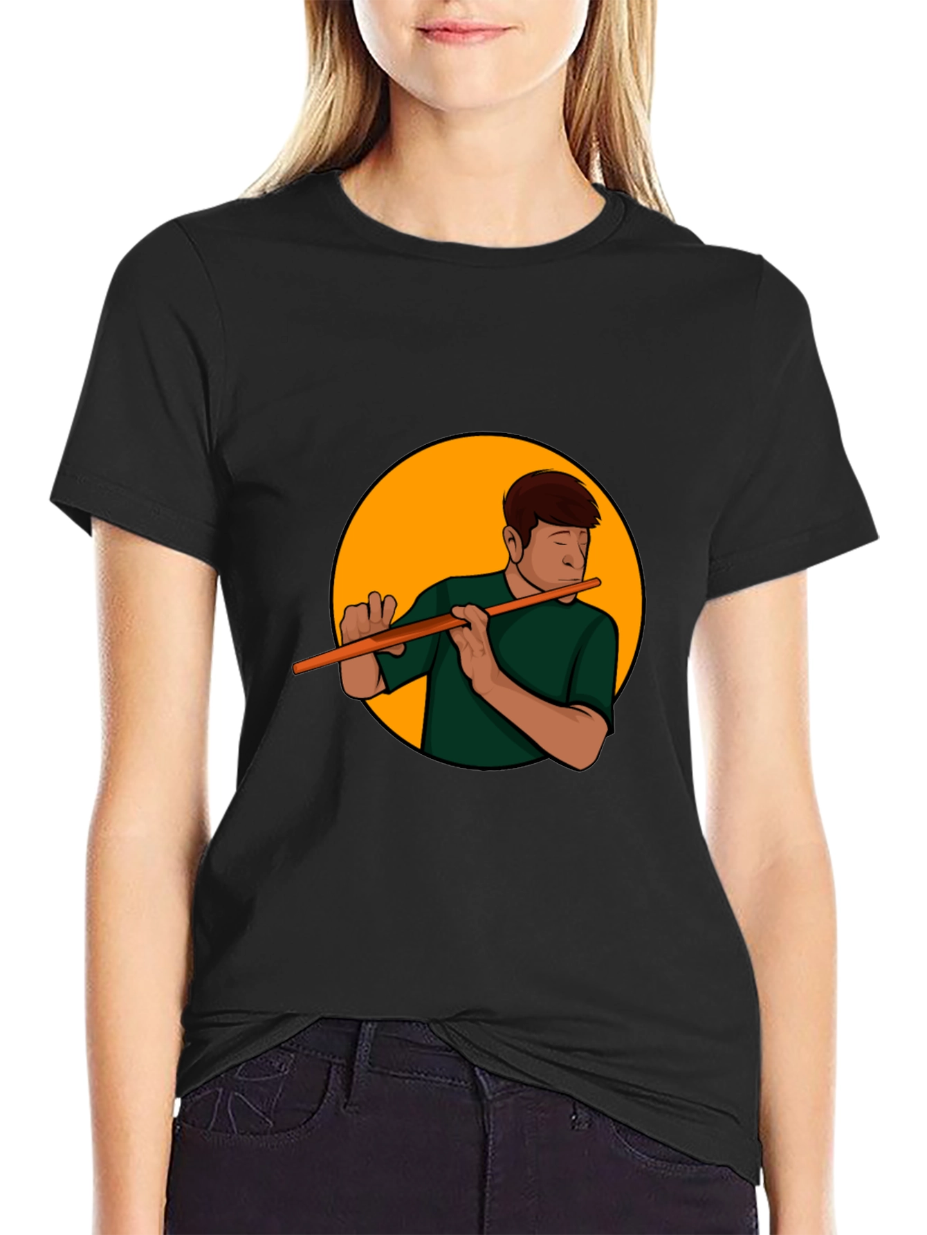 Flute Player Graphic Tee - Black Casual Shirt