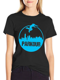 Parkour Cityscape Graphic Tee - Black Cotton Blend