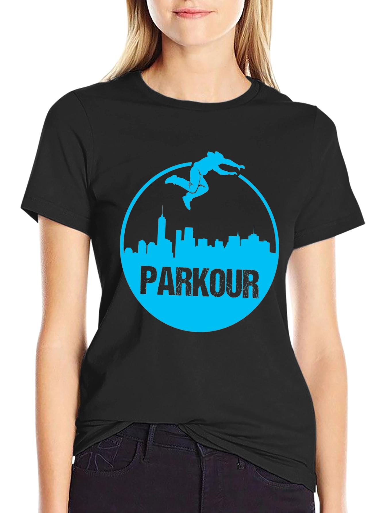 Parkour Cityscape Graphic Tee - Black Cotton Blend