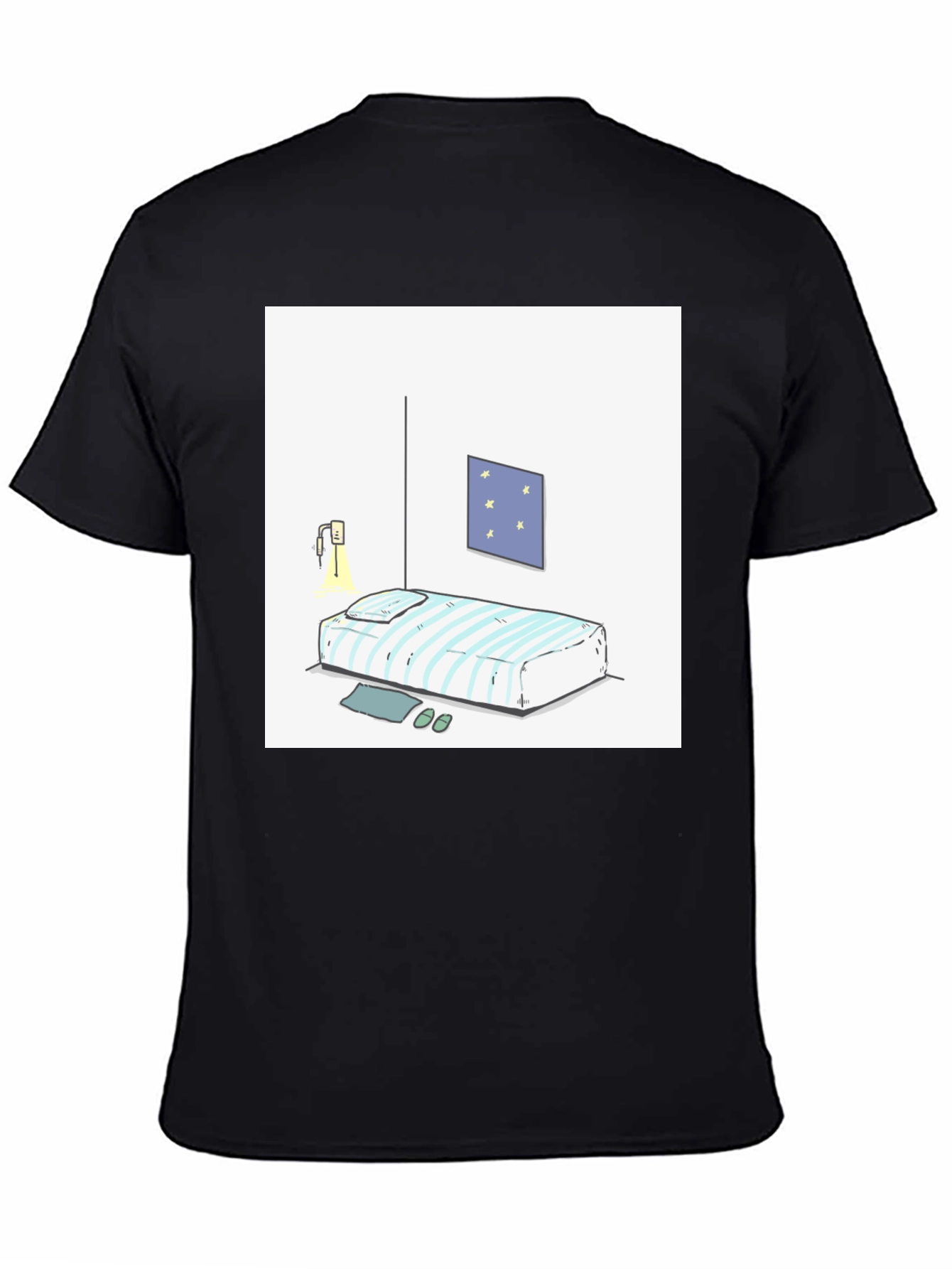 Striped Bed Cartoon Graphic Black Tee