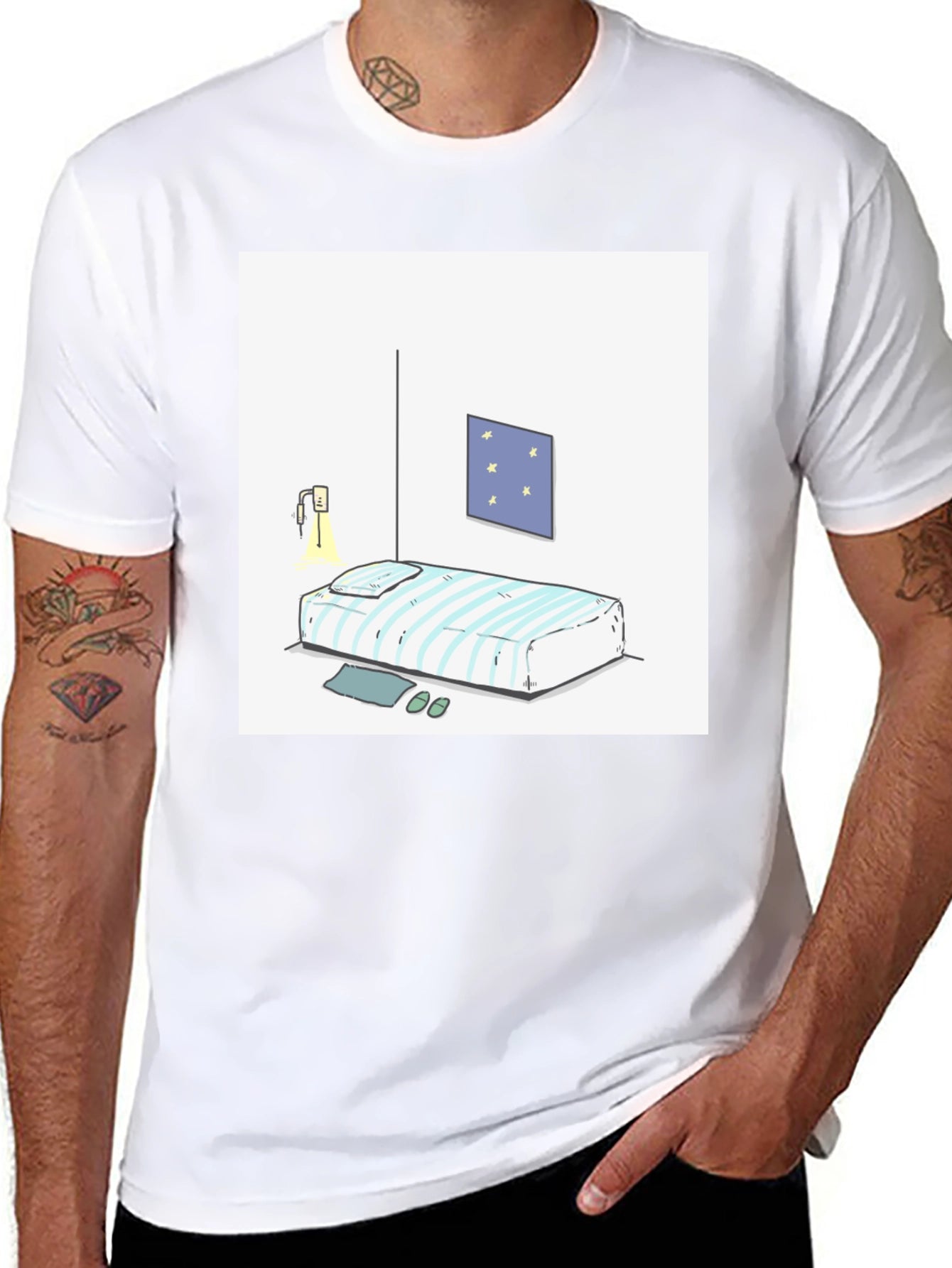 Striped Bed Cartoon Graphic Black Tee