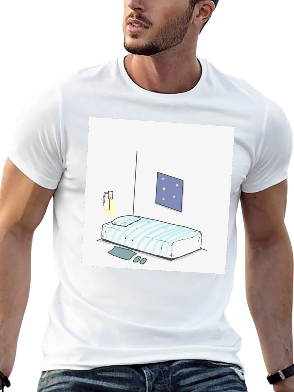 Striped Bed Cartoon Graphic Black Tee