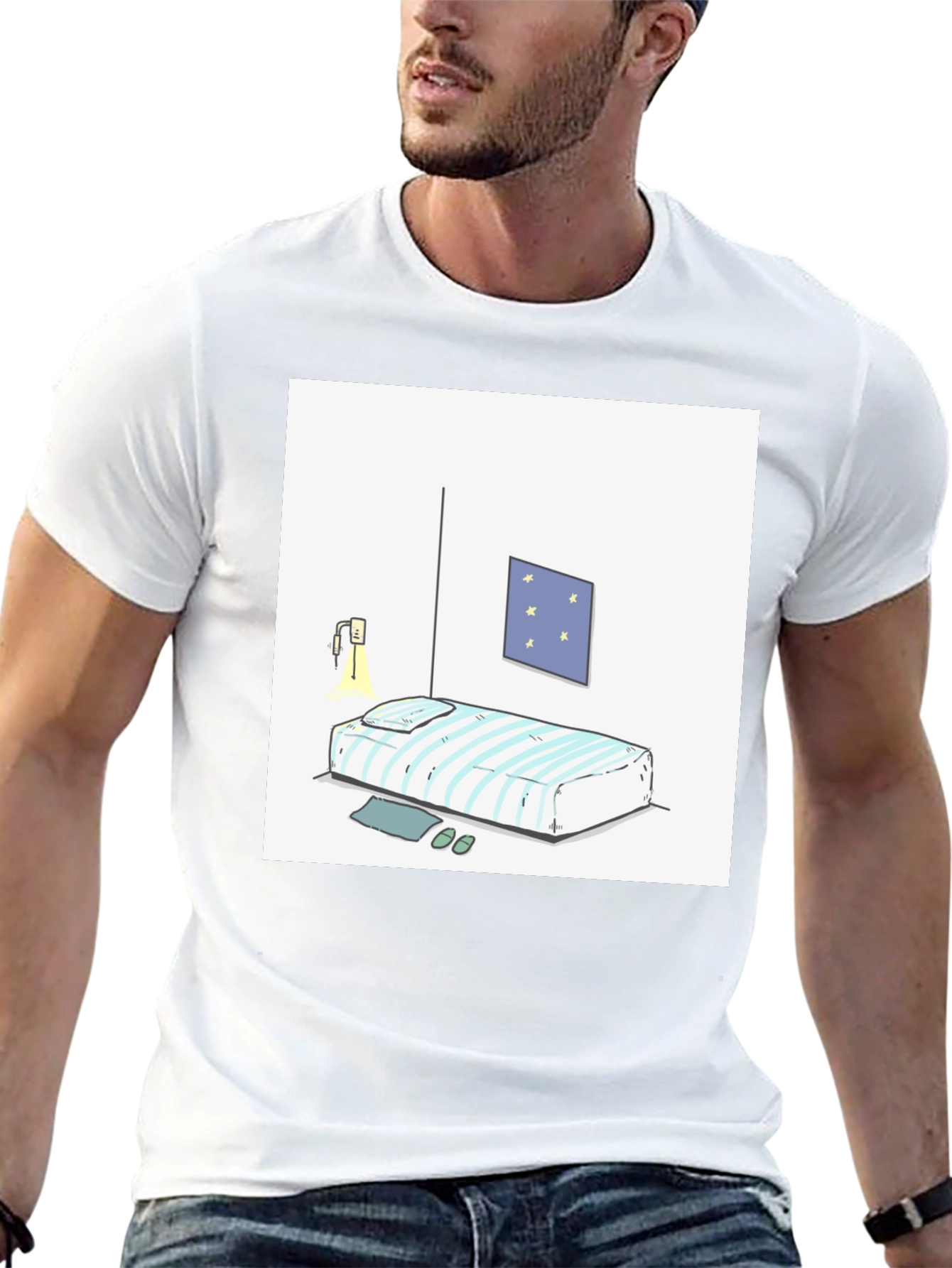 Striped Bed Cartoon Graphic Black Tee