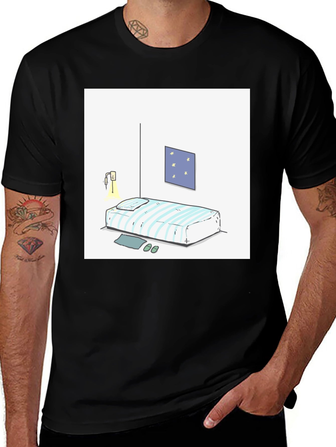 Striped Bed Cartoon Graphic Black Tee