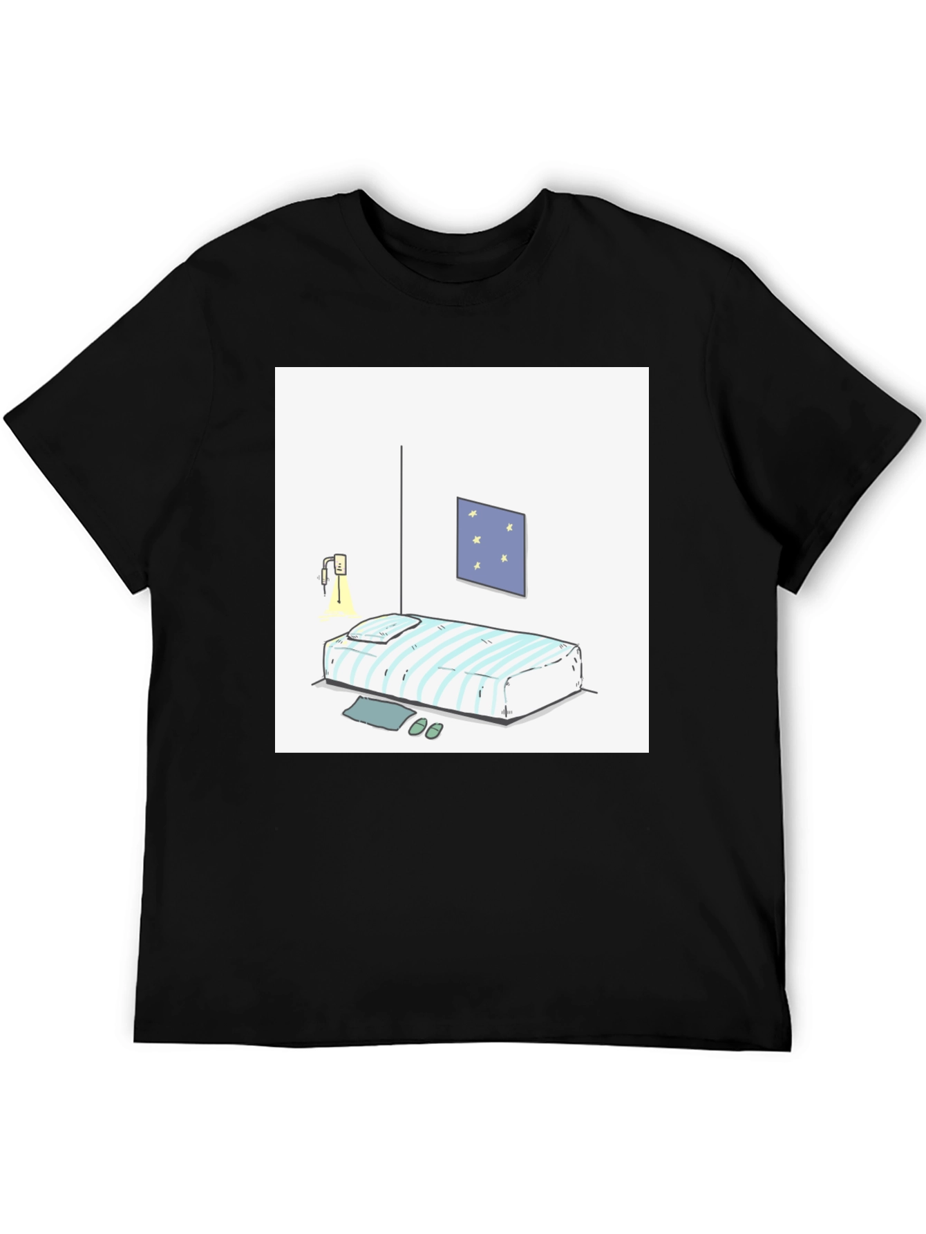 Striped Bed Cartoon Graphic Black Tee