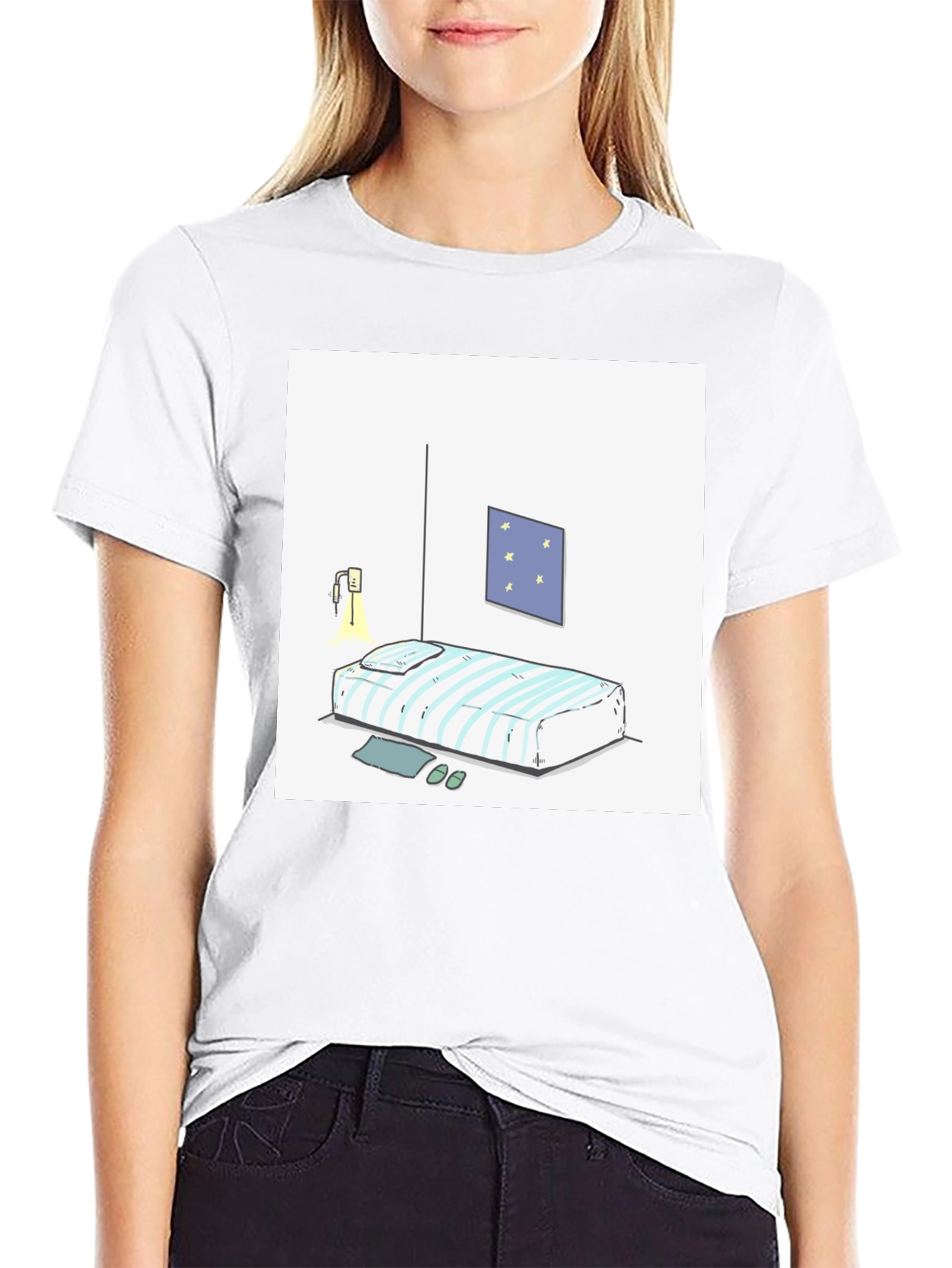 Striped Bed Cartoon Graphic Black Tee