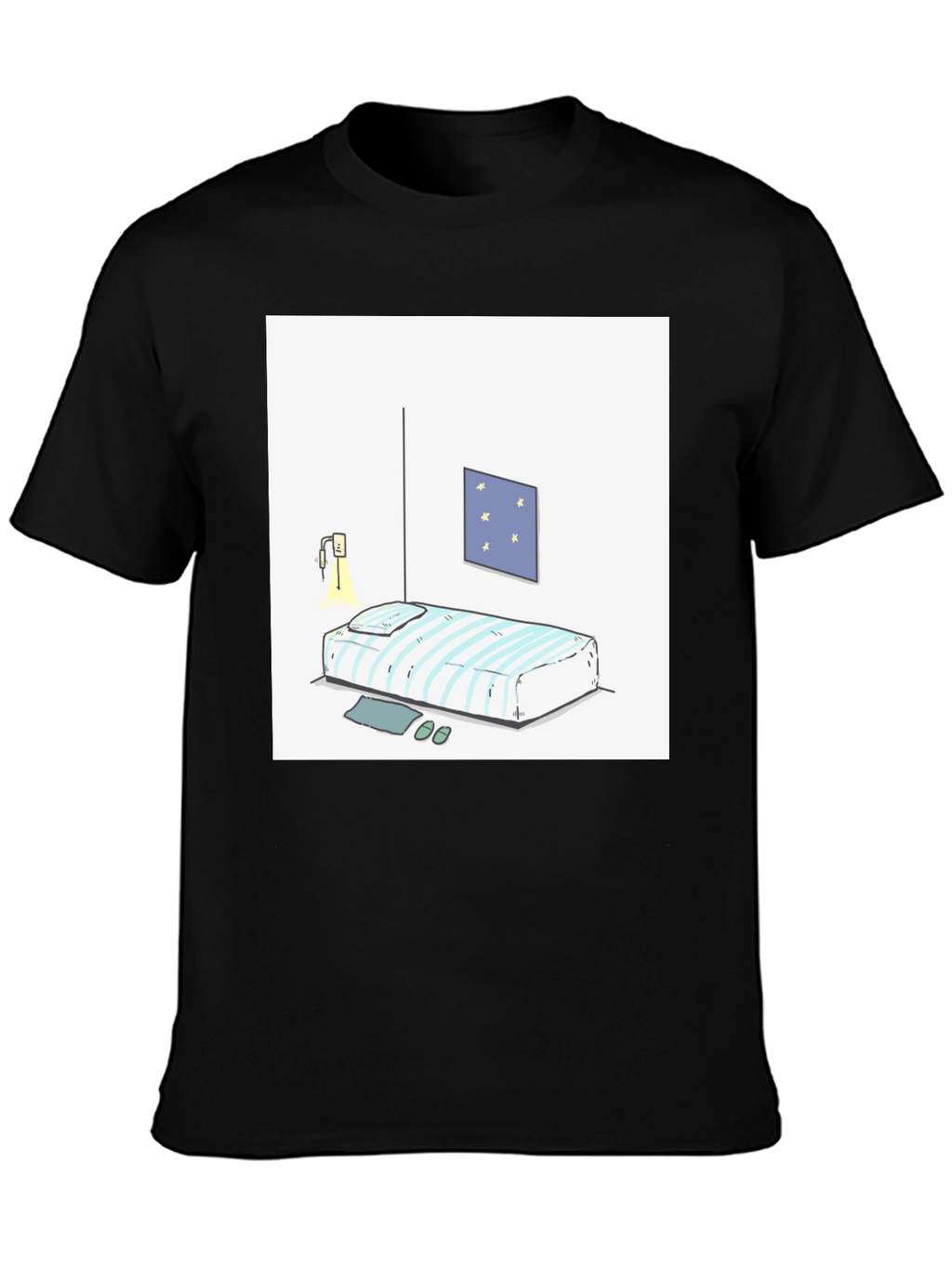 Striped Bed Cartoon Graphic Black Tee