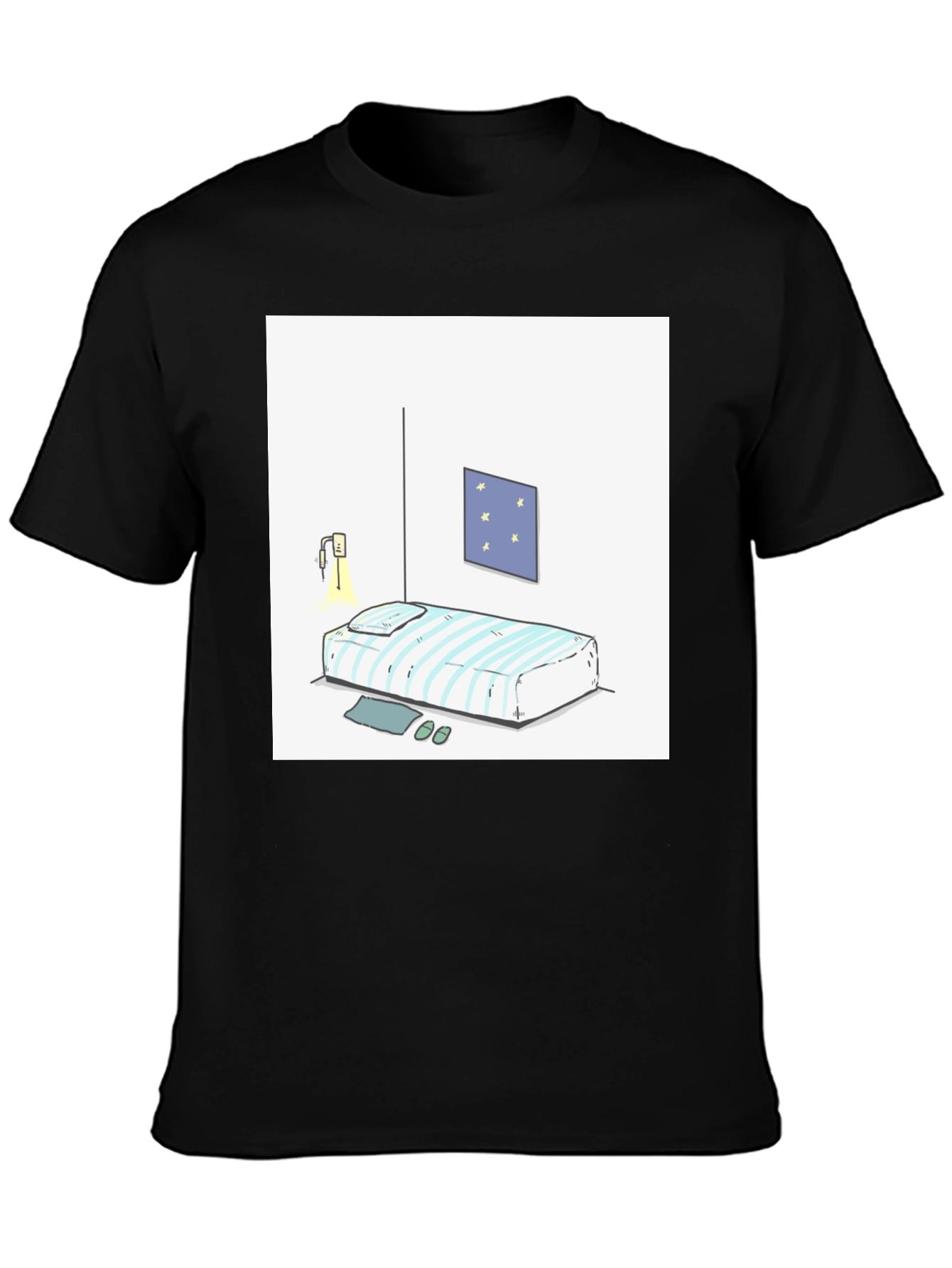 Striped Bed Cartoon Graphic Black Tee