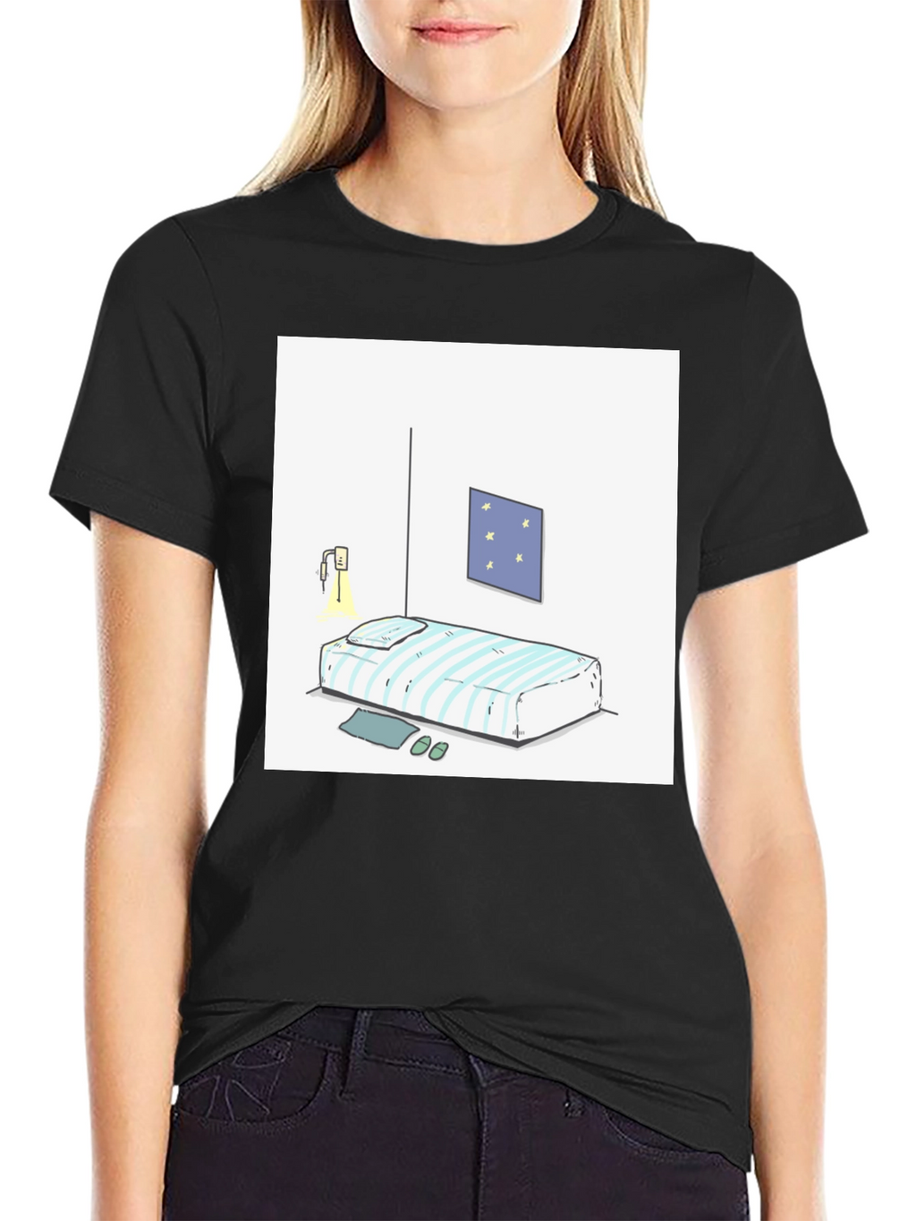 Striped Bed Cartoon Graphic Black Tee