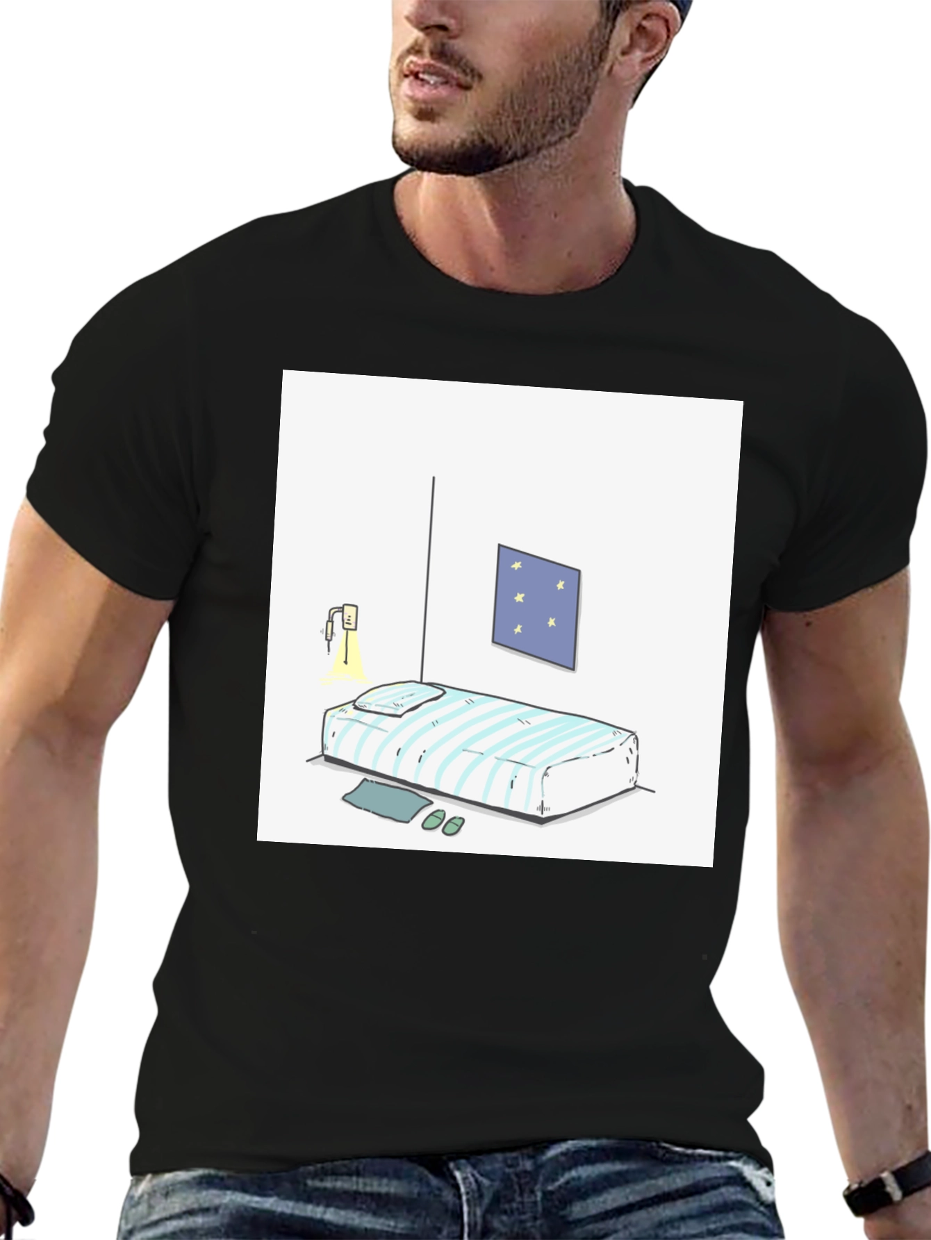 Striped Bed Cartoon Graphic Black Tee