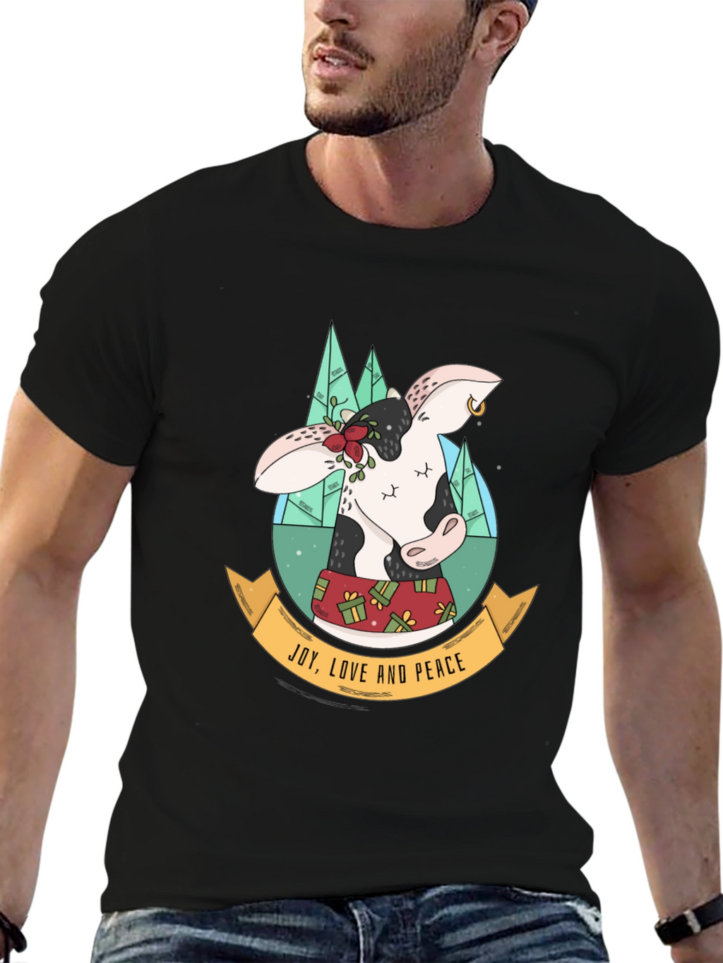 Festive Cow T-Shirt: Joy Love & Peace