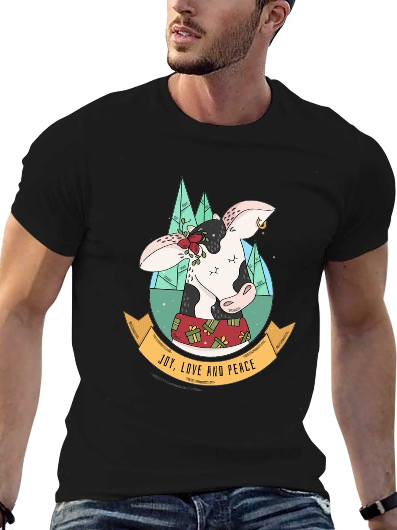 Festive Cow T-Shirt: Joy Love & Peace