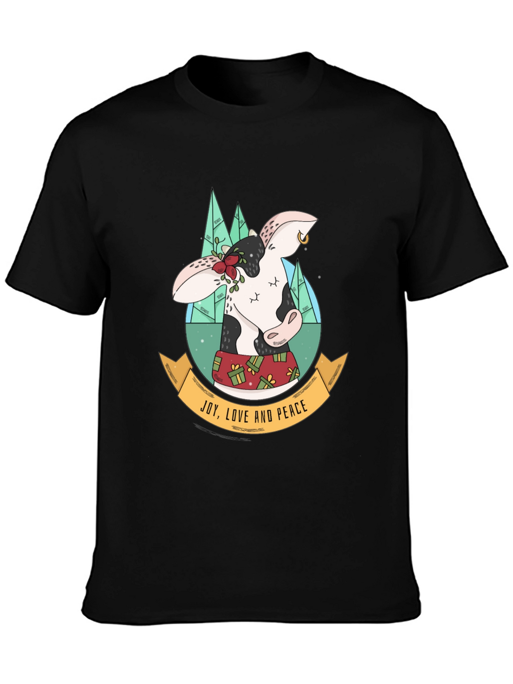 Festive Cow T-Shirt: Joy Love & Peace