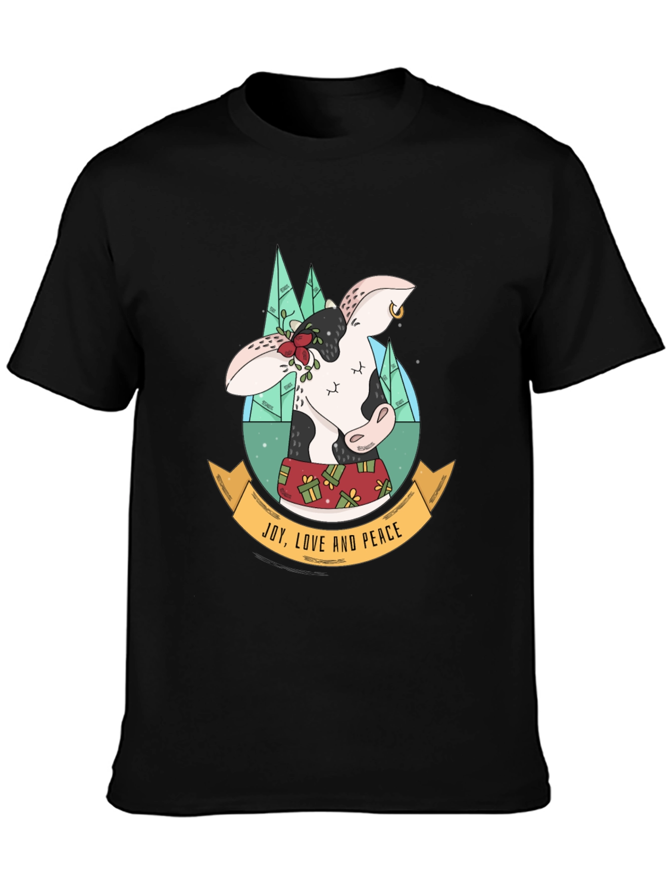 Festive Cow T-Shirt: Joy Love & Peace