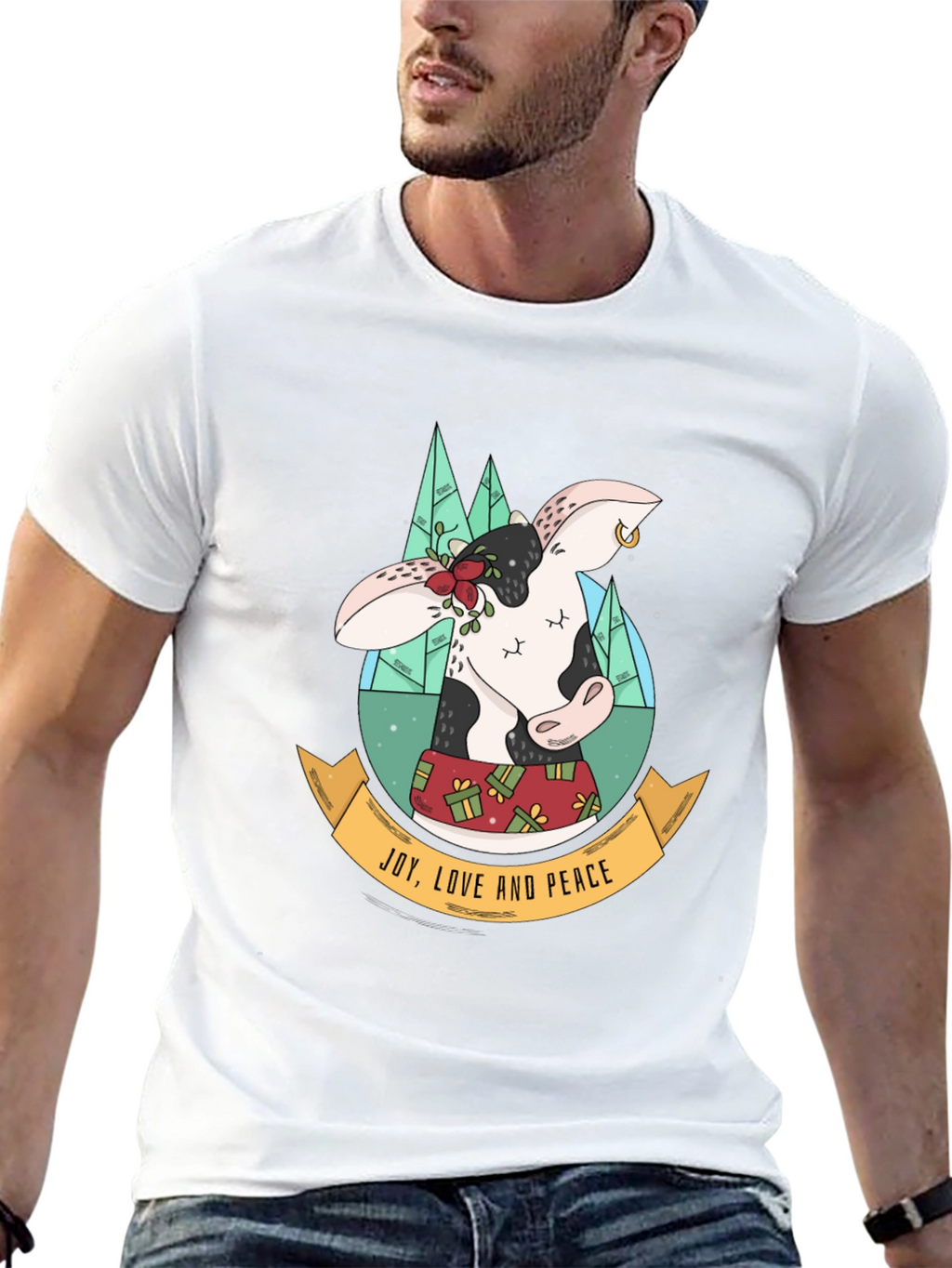 Festive Cow T-Shirt: Joy Love & Peace