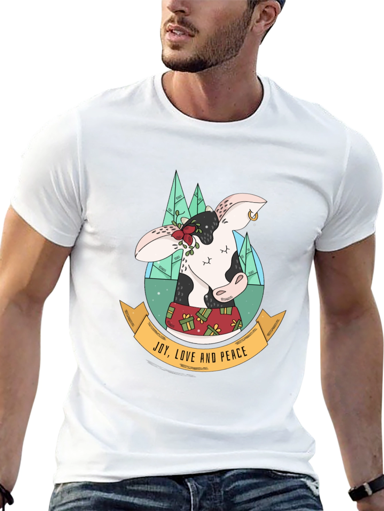 Festive Cow T-Shirt: Joy Love & Peace