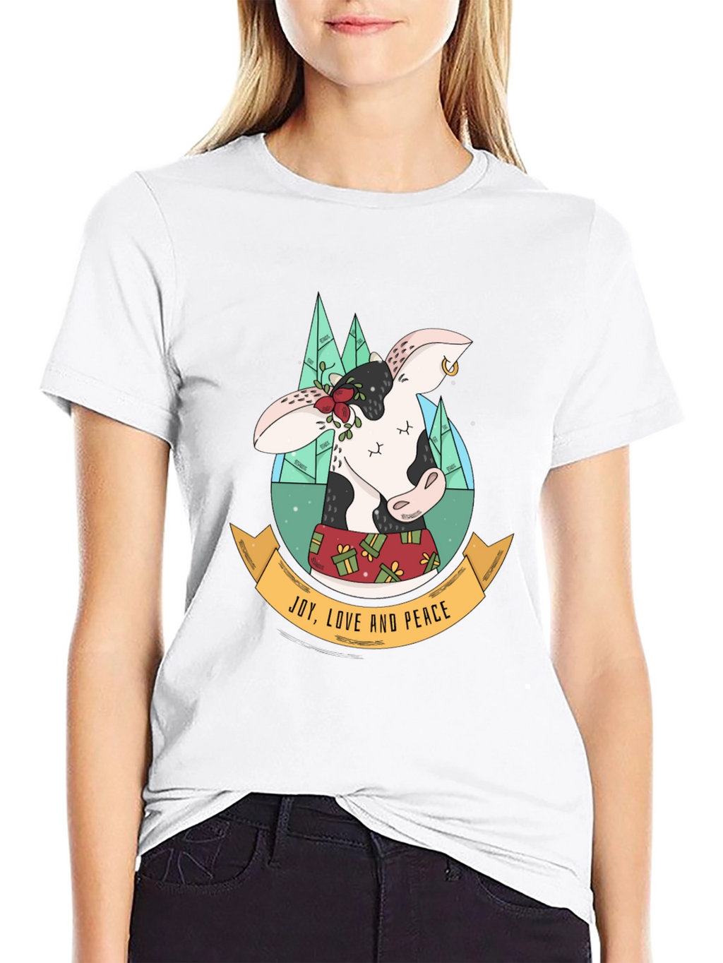 Festive Cow T-Shirt: Joy Love & Peace