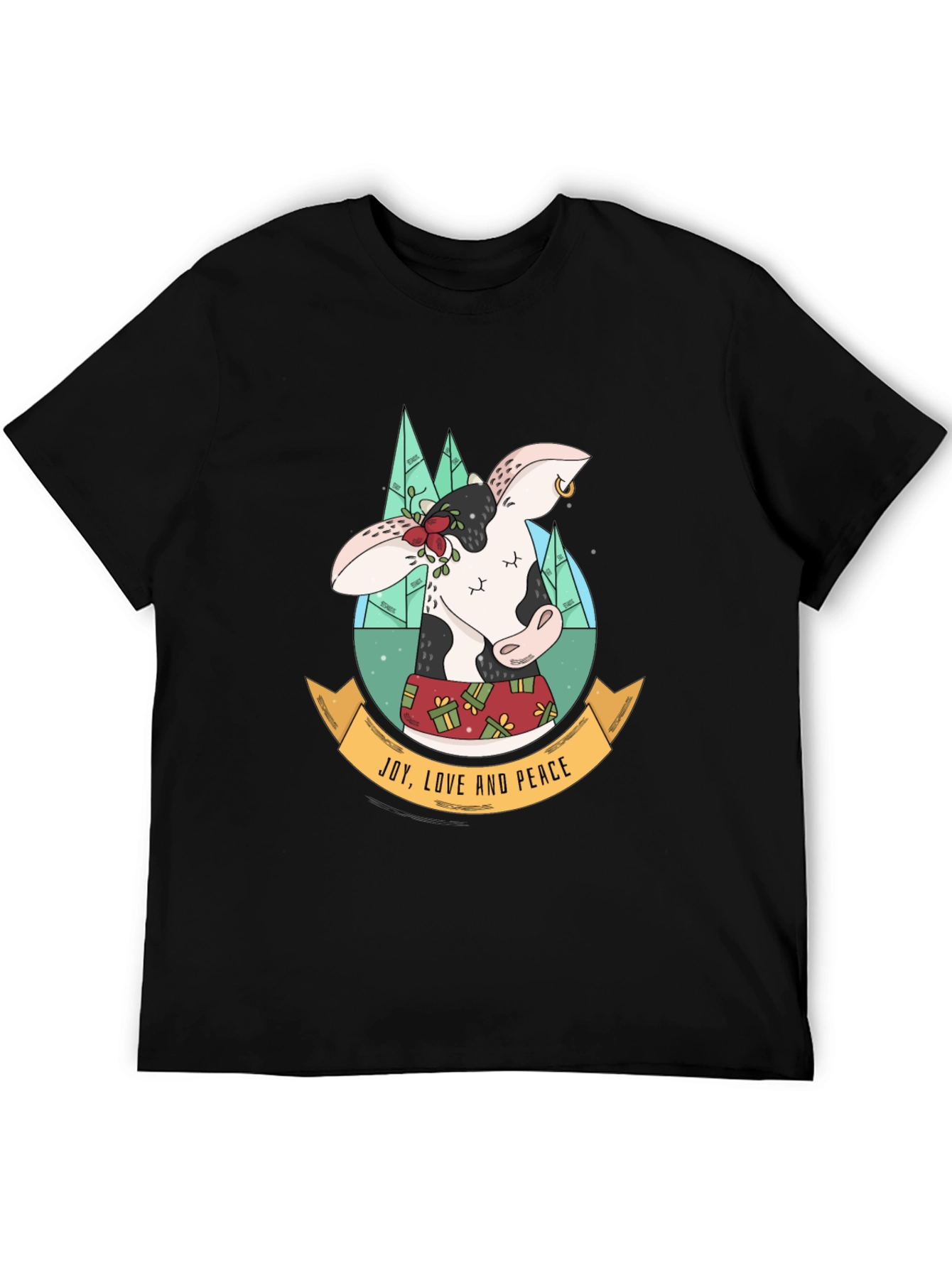 Festive Cow T-Shirt: Joy Love & Peace