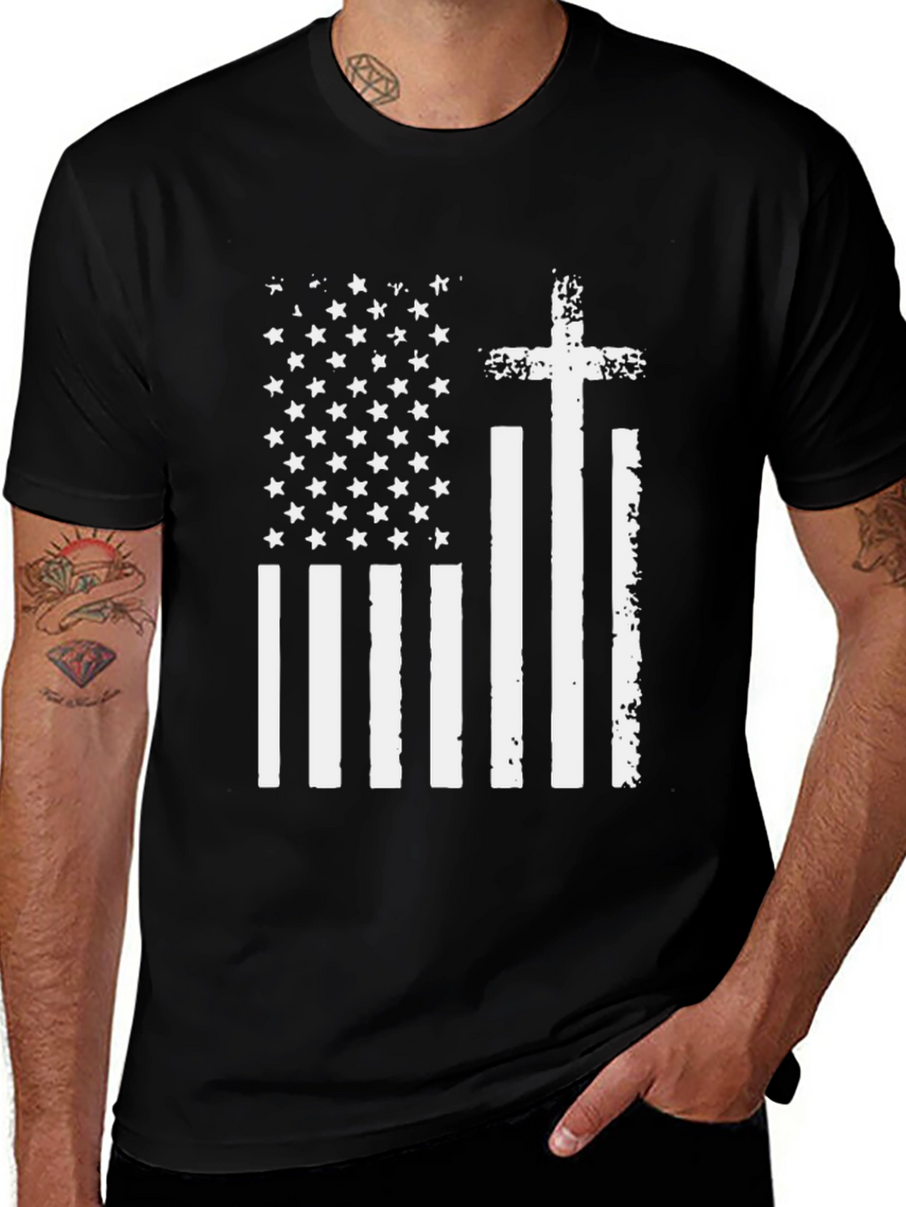Distressed American Flag Cross Graphic T-Shirt