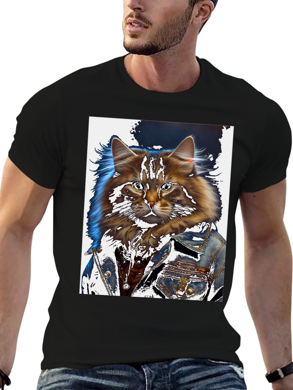 Cat in Denim Jacket Graphic T-Shirt