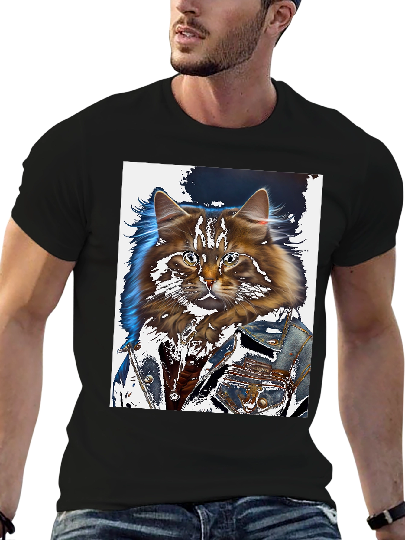 Cat in Denim Jacket Graphic T-Shirt