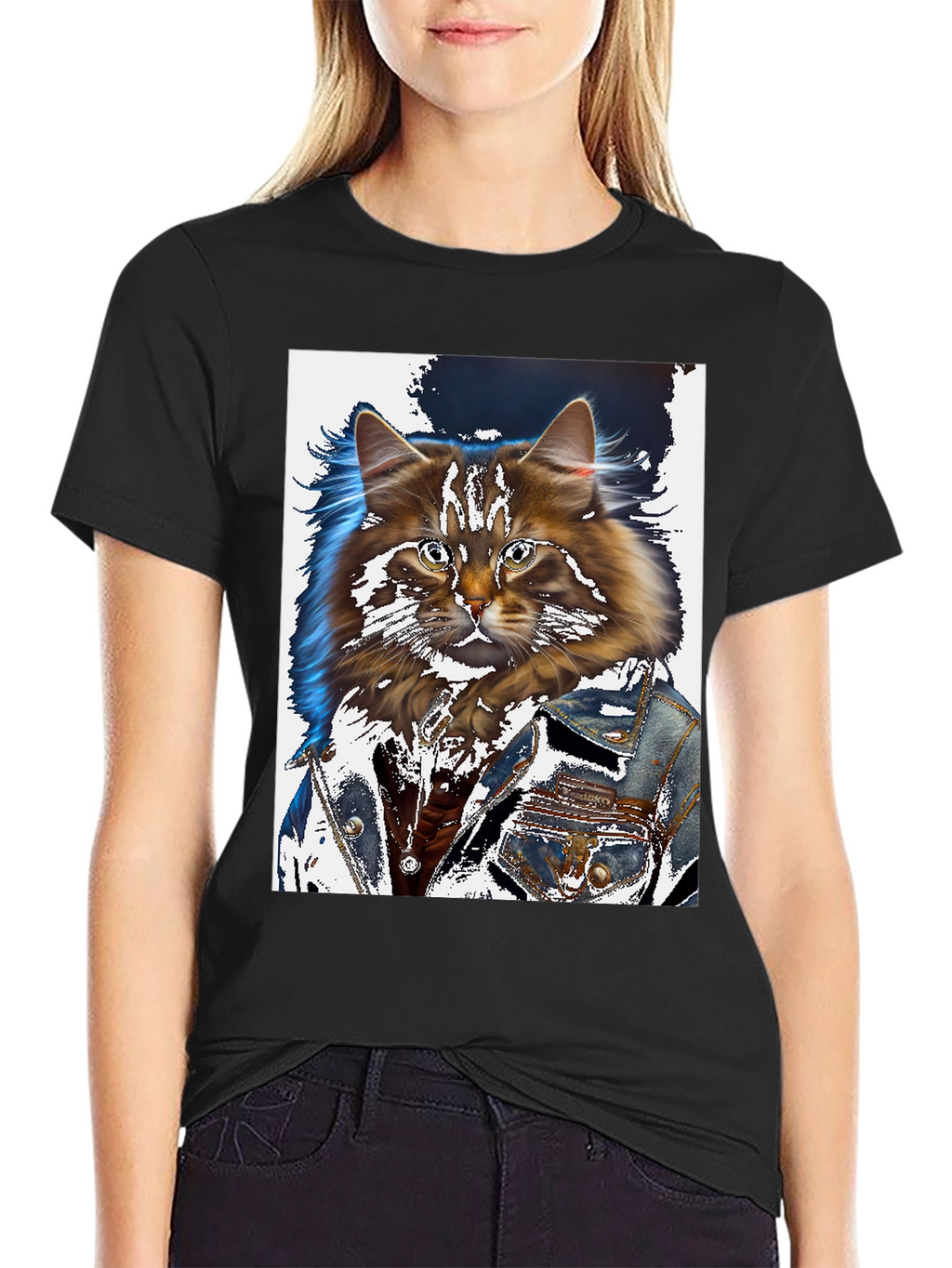 Cat in Denim Jacket Graphic T-Shirt