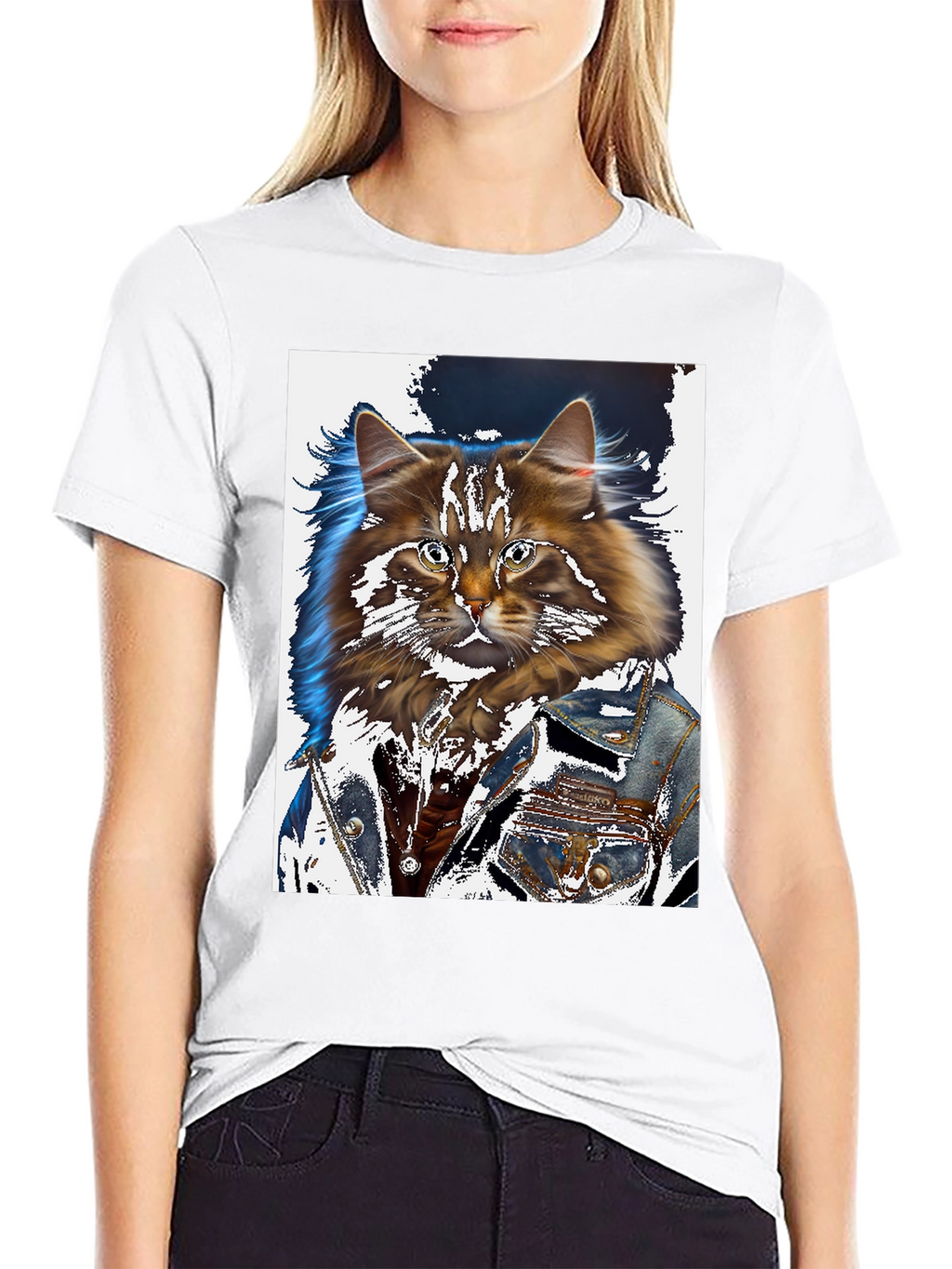Cat in Denim Jacket Graphic T-Shirt