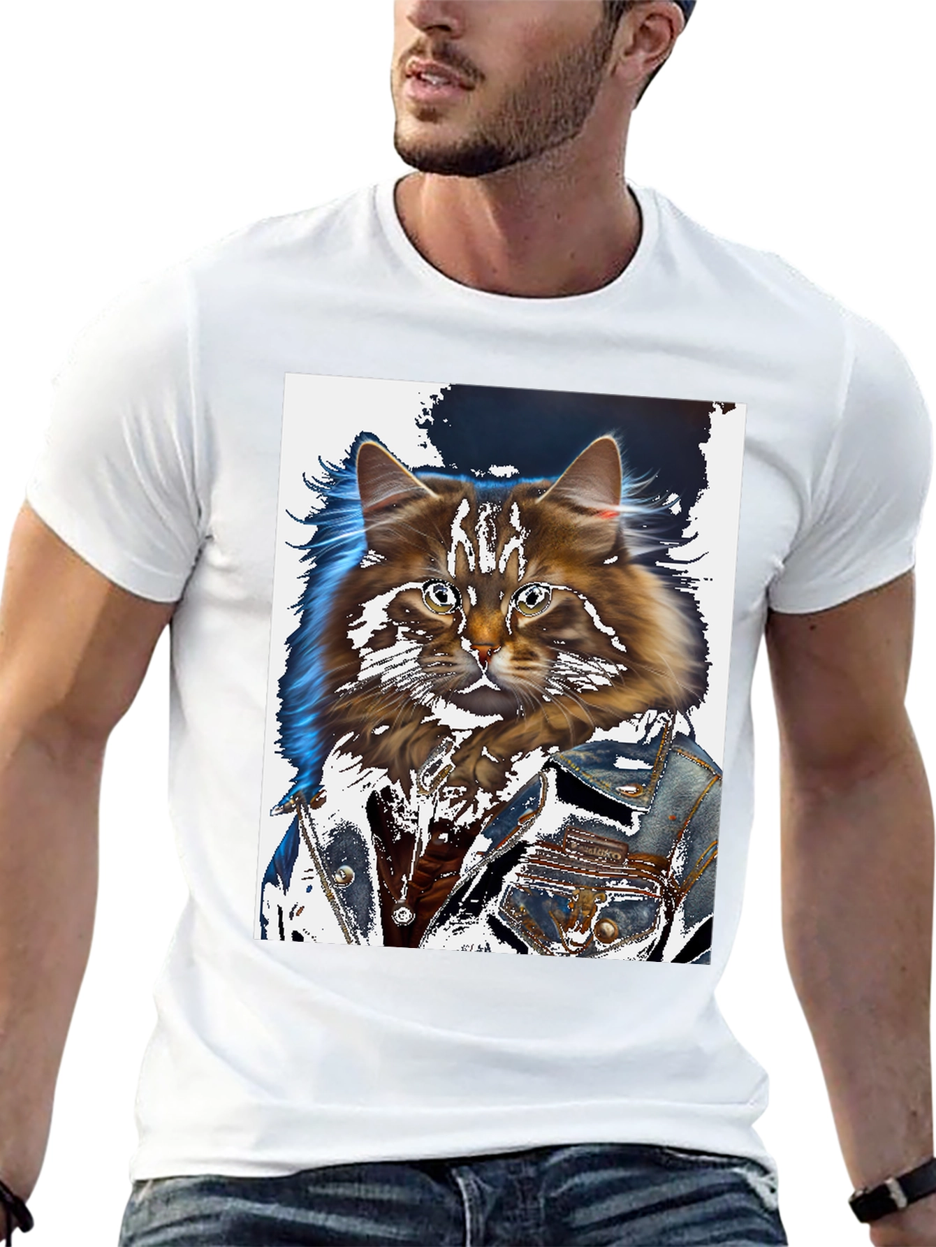 Cat in Denim Jacket Graphic T-Shirt