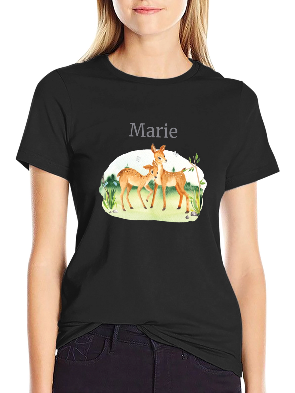 Deer Family Graphic Black T-Shirt